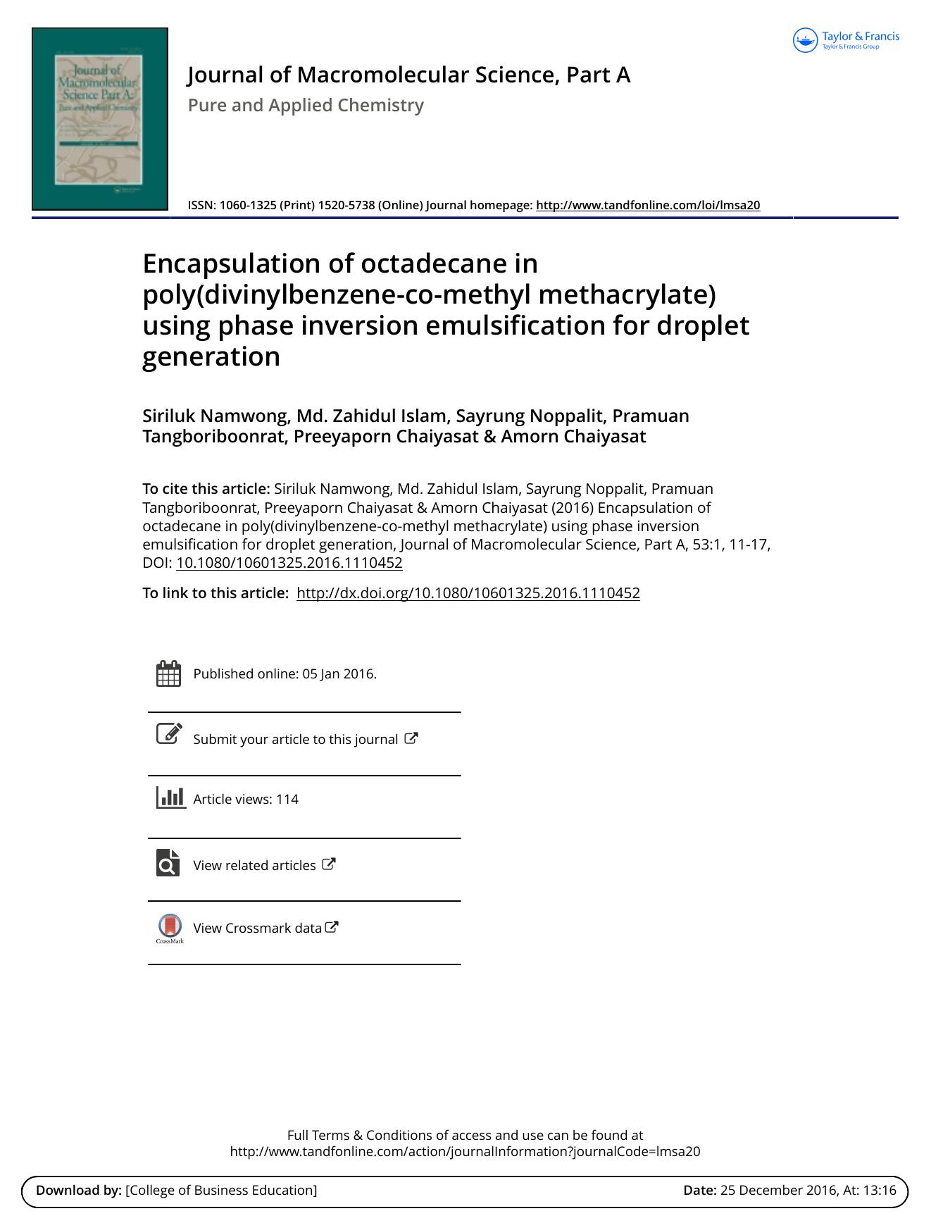 Encapsulation of octadecane in poly\(divinylbenzene-co-methyl methacrylate\) using phase inversion emulsification for droplet generation by unknow