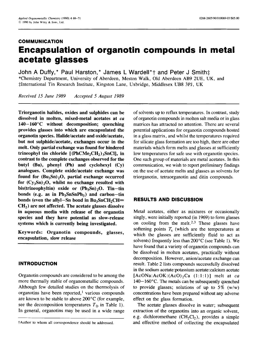 Encapsulation of organotin compounds in metal acetate glasses by Unknown