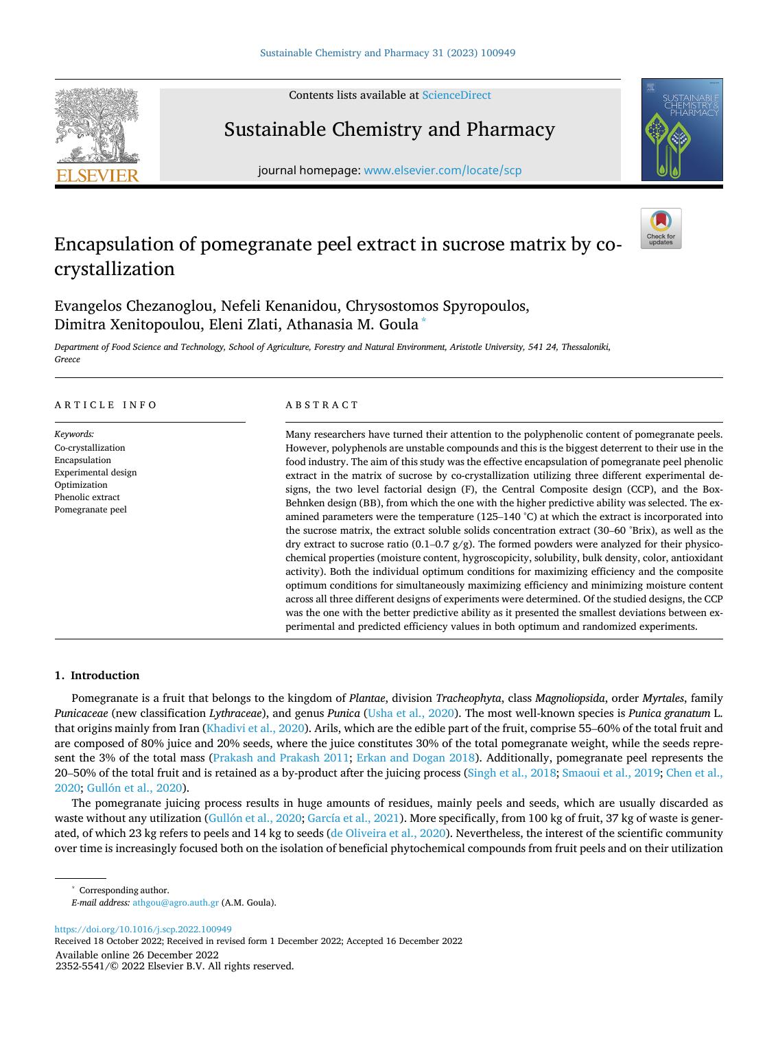 Encapsulation of pomegranate peel extract in sucrose matrix by co-crystallization by unknow