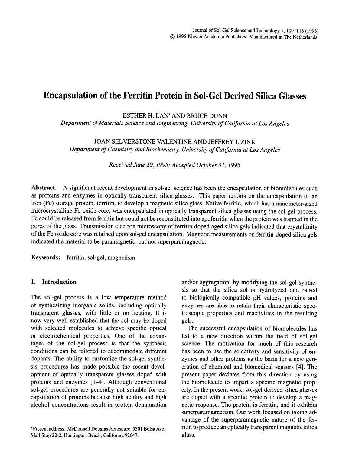 Encapsulation of the ferritin protein in sol-gel derived silica glasses by Unknown