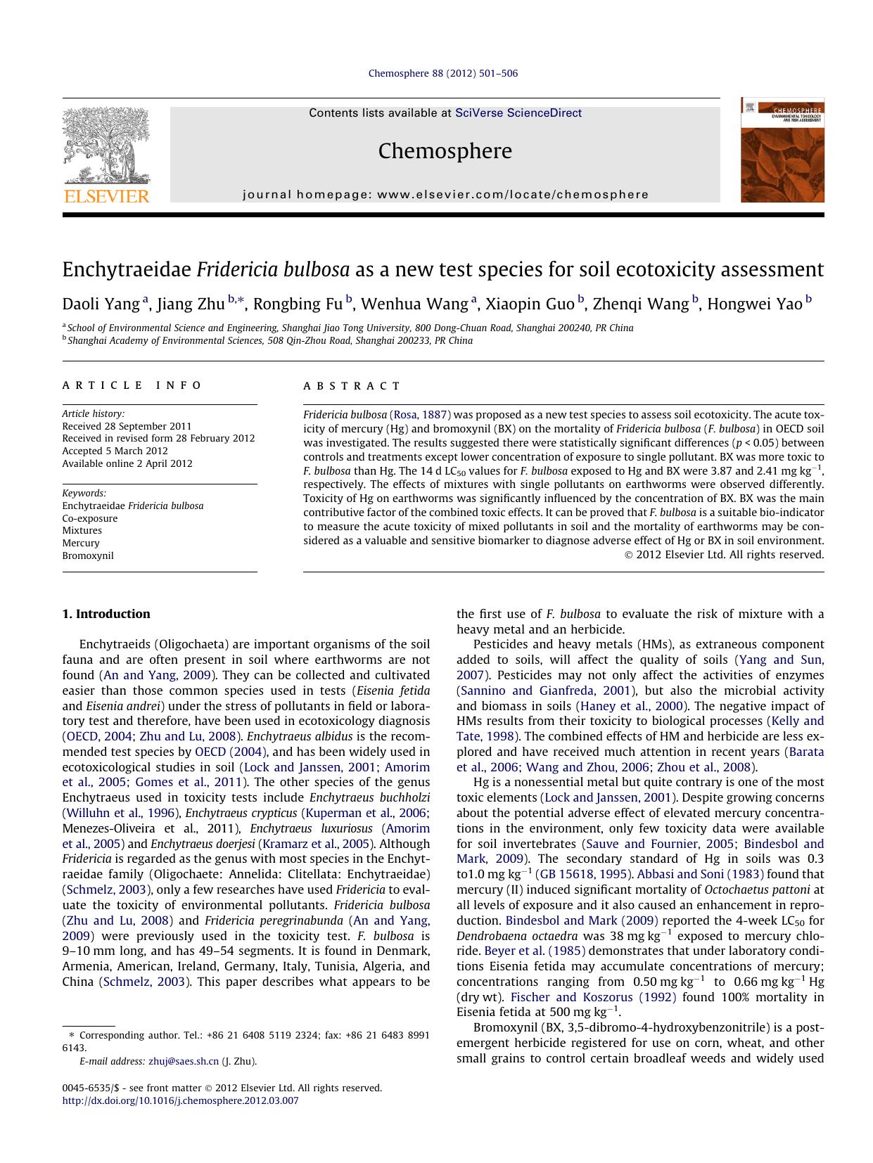 Enchytraeidae Fridericia bulbosa as a new test species for soil ecotoxicity assessment by Daoli Yang & Jiang Zhu & Rongbing Fu & Wenhua Wang & Xiaopin Guo & Zhenqi Wang & Hongwei Yao