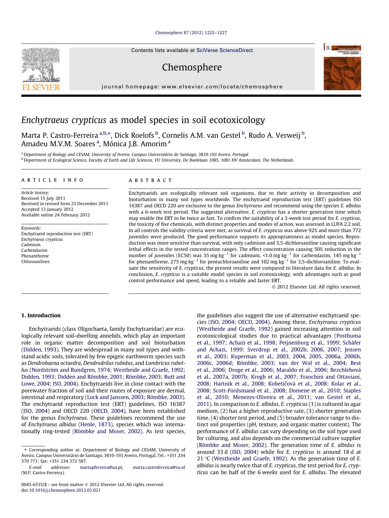 Enchytraeus crypticus as model species in soil ecotoxicology by unknow