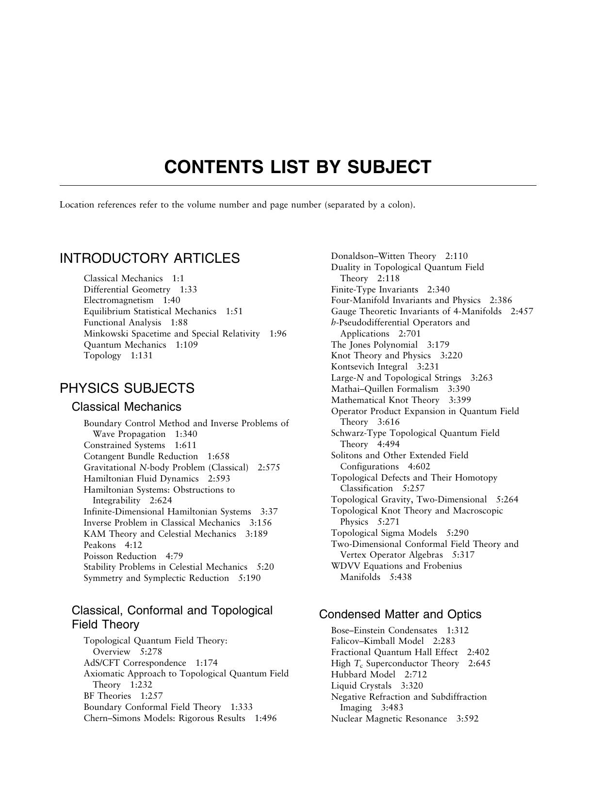 Encyclopedia Of Mathematical Physics. Contents list by subject. Contents by Francoise Naber