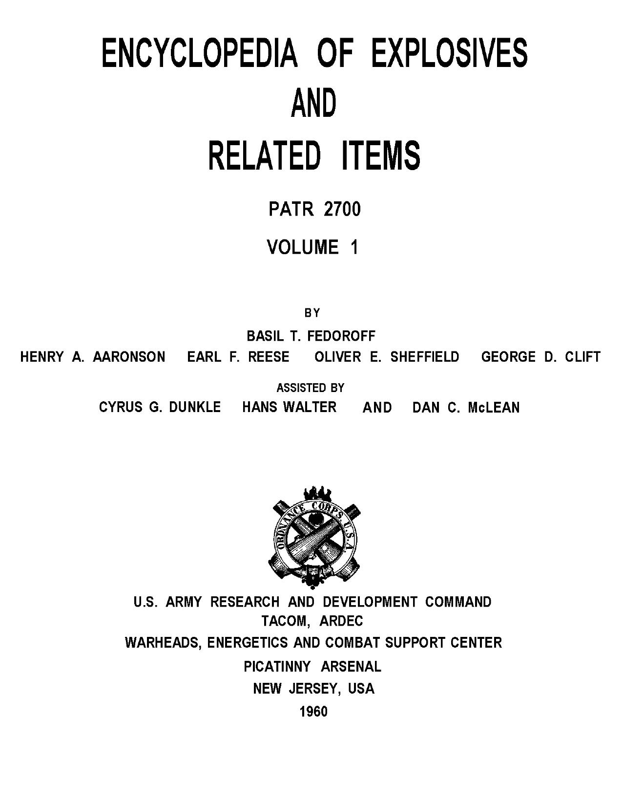 Encyclopedia of Explosives and Related Items - Fedoroff - Vol 1 of 10 by A