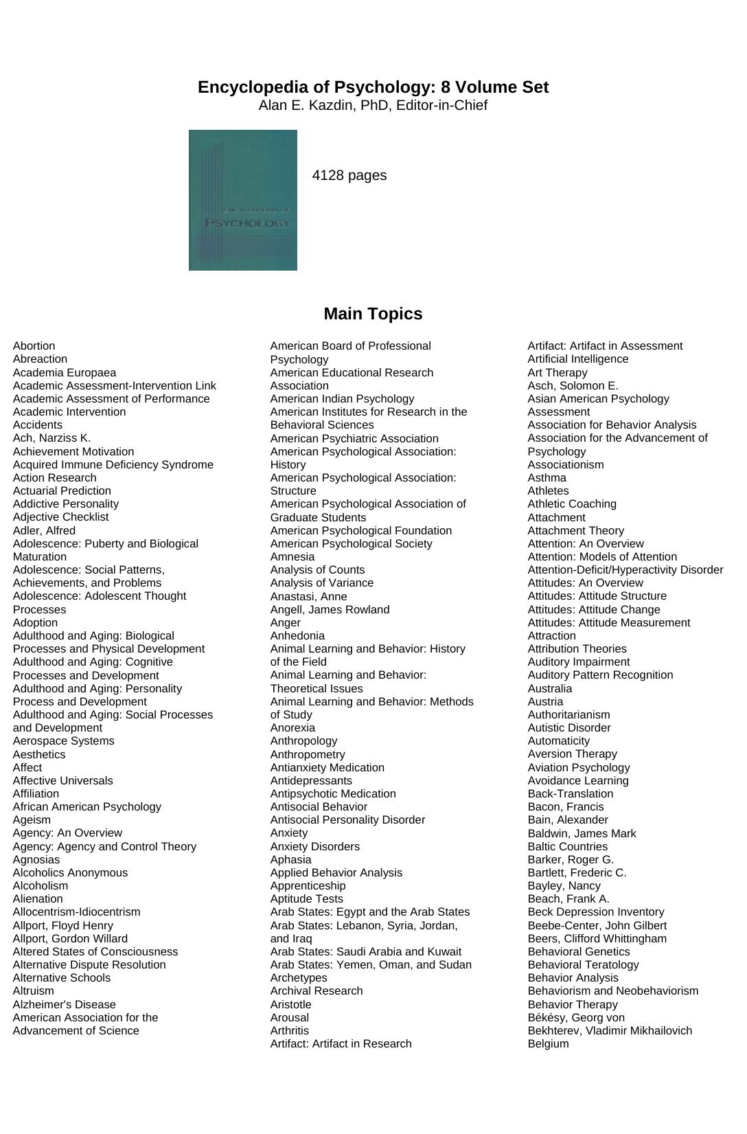 Encyclopedia of Psychology- 8 Volume Set by Unknown
