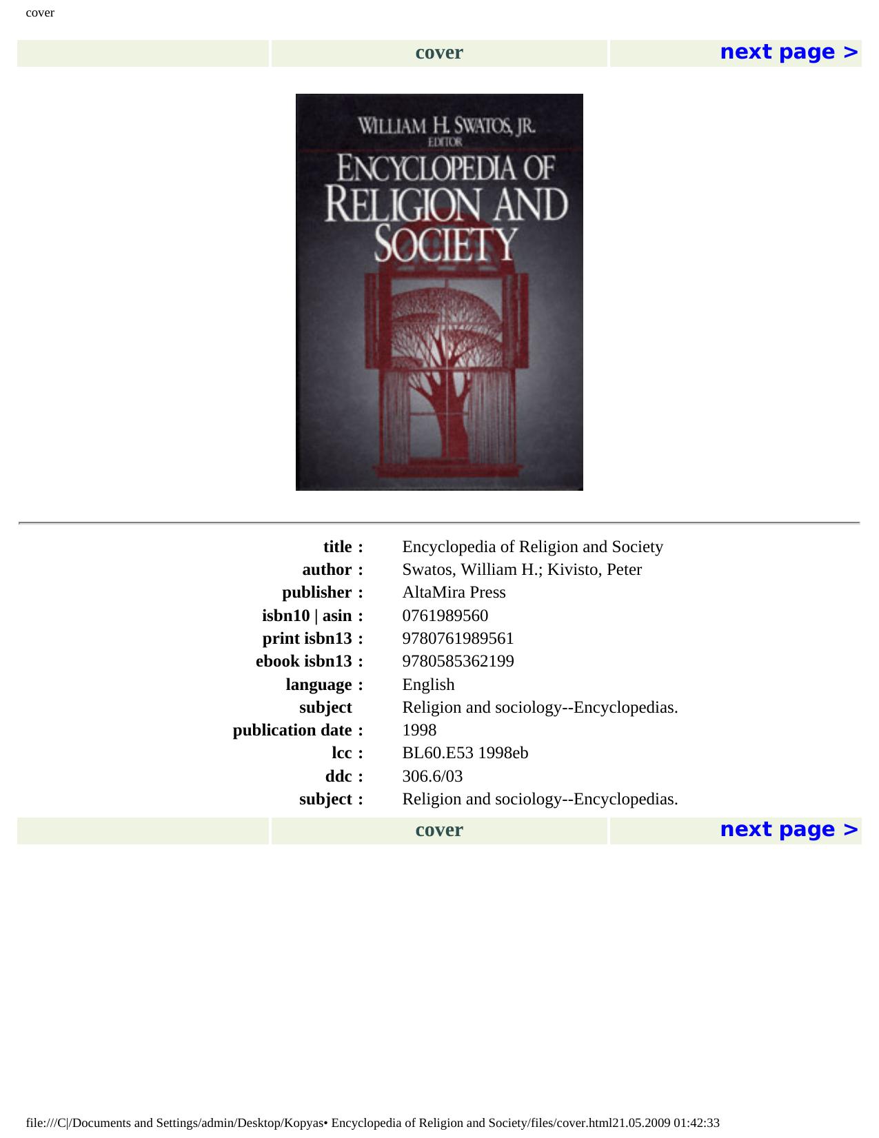 Encyclopedia of Religion and Society by William H. Swatos Jr