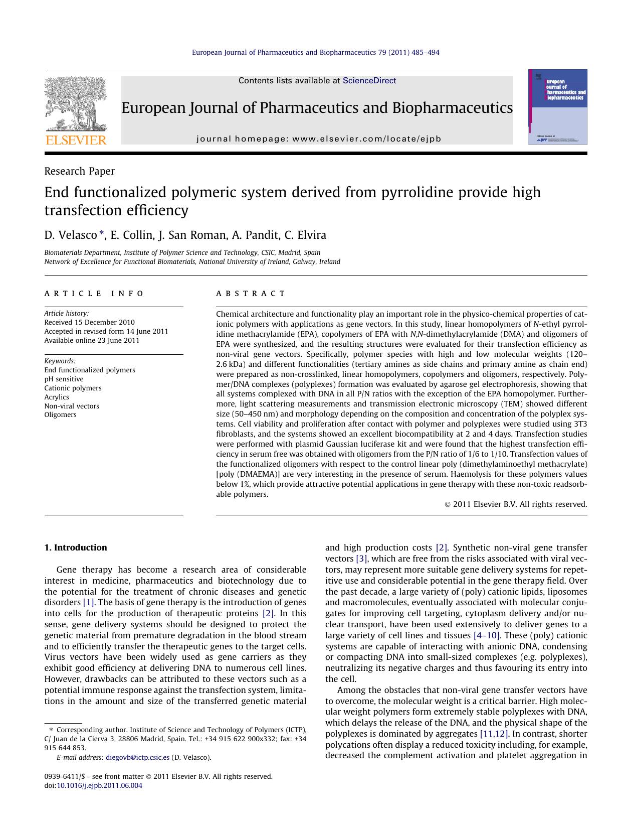 End functionalized polymeric system derived from pyrrolidine provide high transfection efficiency by D. Velasco & E. Collin & J. San Roman & A. Pandit & C. Elvira