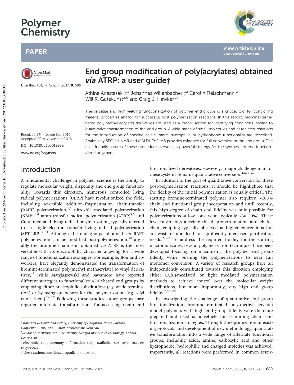 End group modification of poly(acrylates) obtained via ATRP: a user guide by Athina Anastasaki Johannes Willenbacher Carolin Fleischmann Will R. Gutekunst Craig J. Hawker