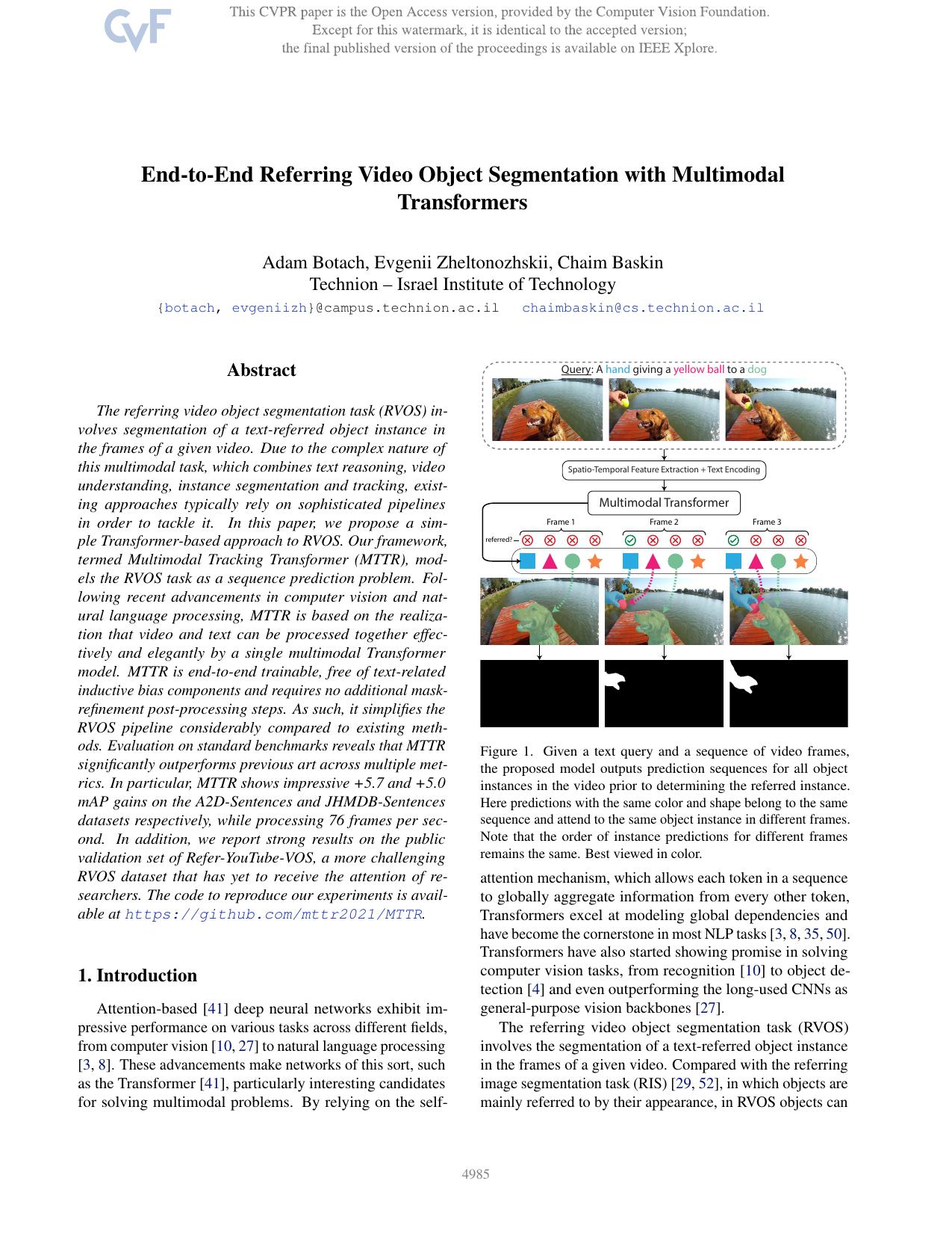 End-to-End Referring Video Object Segmentation With Multimodal Transformers by Adam Botach & Evgenii Zheltonozhskii & Chaim Baskin