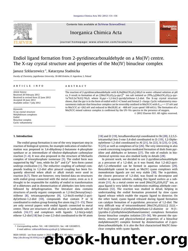 Endiol ligand formation from 2-pyridinecarboxaldehyde on a Mo(IV) centre. The X-ray crystal structure and properties of the Mo(IV) binuclear complex by Janusz Szklarzewicz & Katarzyna Stadnicka