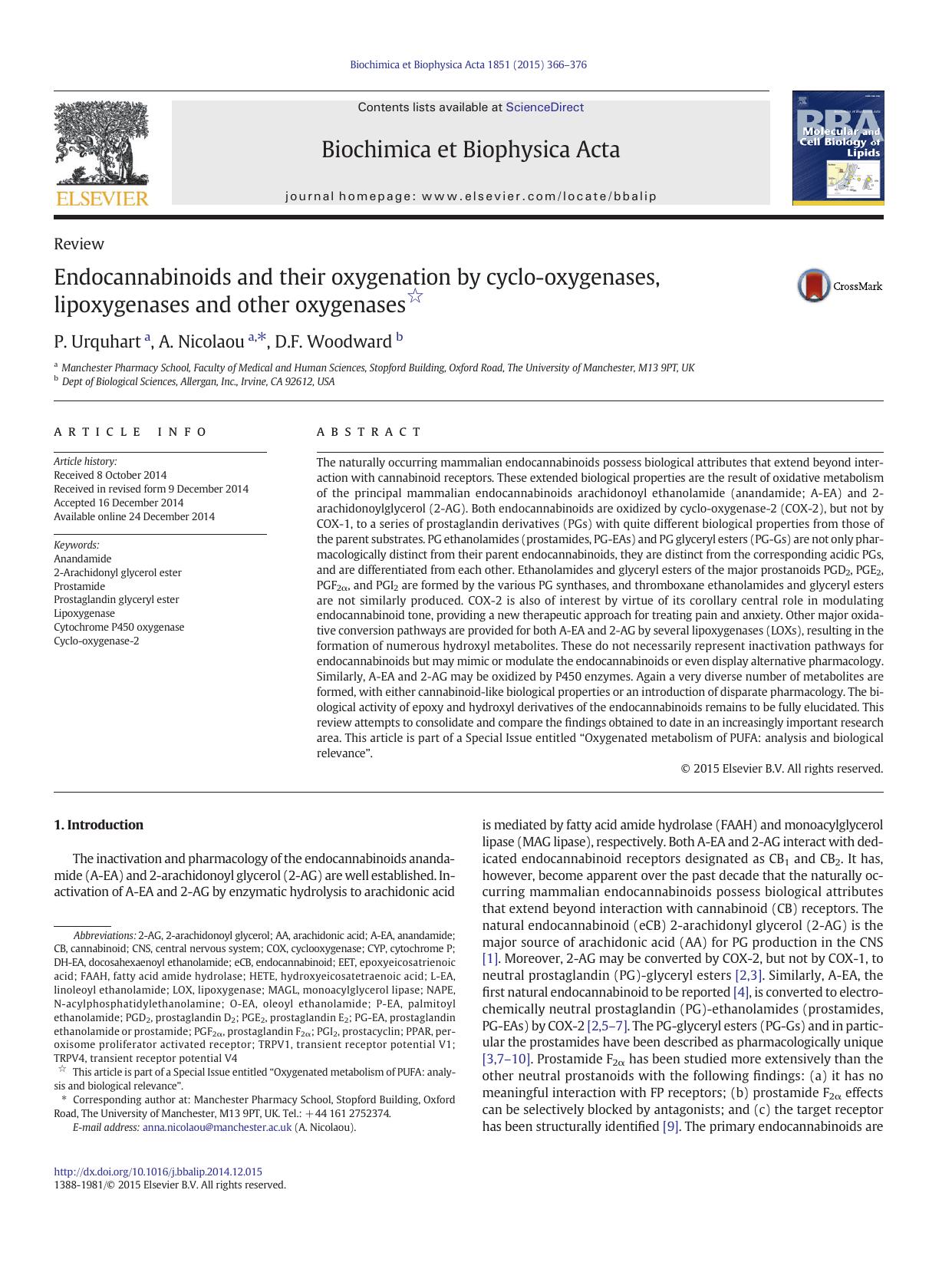 Endocannabinoids and their oxygenation by cyclo-oxygenases, lipoxygenases and other oxygenases by P. Urquhart & A. Nicolaou & D.F. Woodward