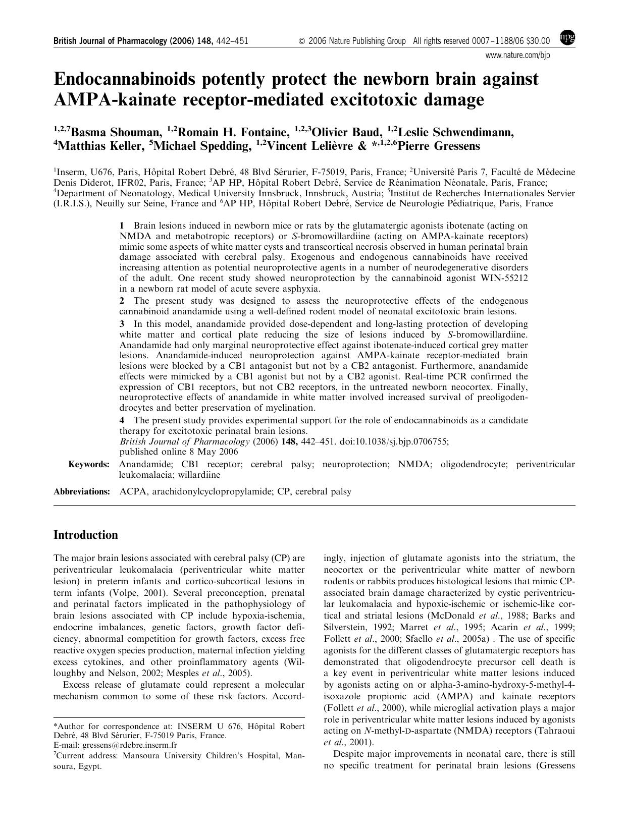 Endocannabinoids potently protect the newborn brain against AMPA-kainate receptor-mediateed exitotoxic damage by Unknown