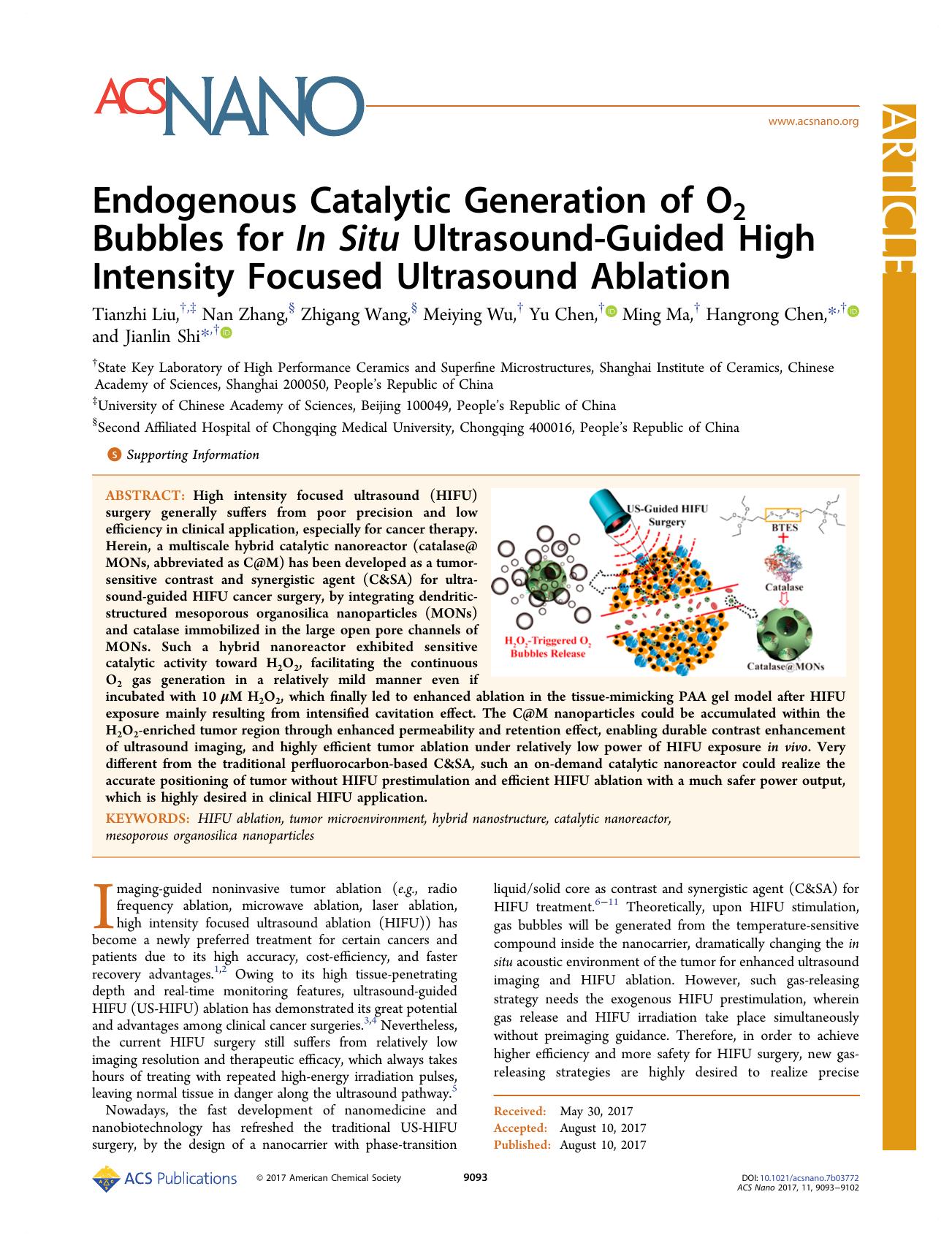 Endogenous Catalytic Generation of O2 Bubbles for In Situ Ultrasound-Guided High Intensity Focused Ultrasound Ablation by Tianzhi Liu Nan Zhang Zhigang Wang Meiying Wu Yu Chen Ming Ma Hangrong Chen & Jianlin Shi