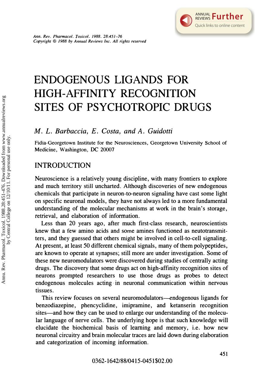 Endogenous Ligands for High-Affinity Recognition sites of Psychotropic Drugs by M L Barbaccia E Costa & A Guidotti