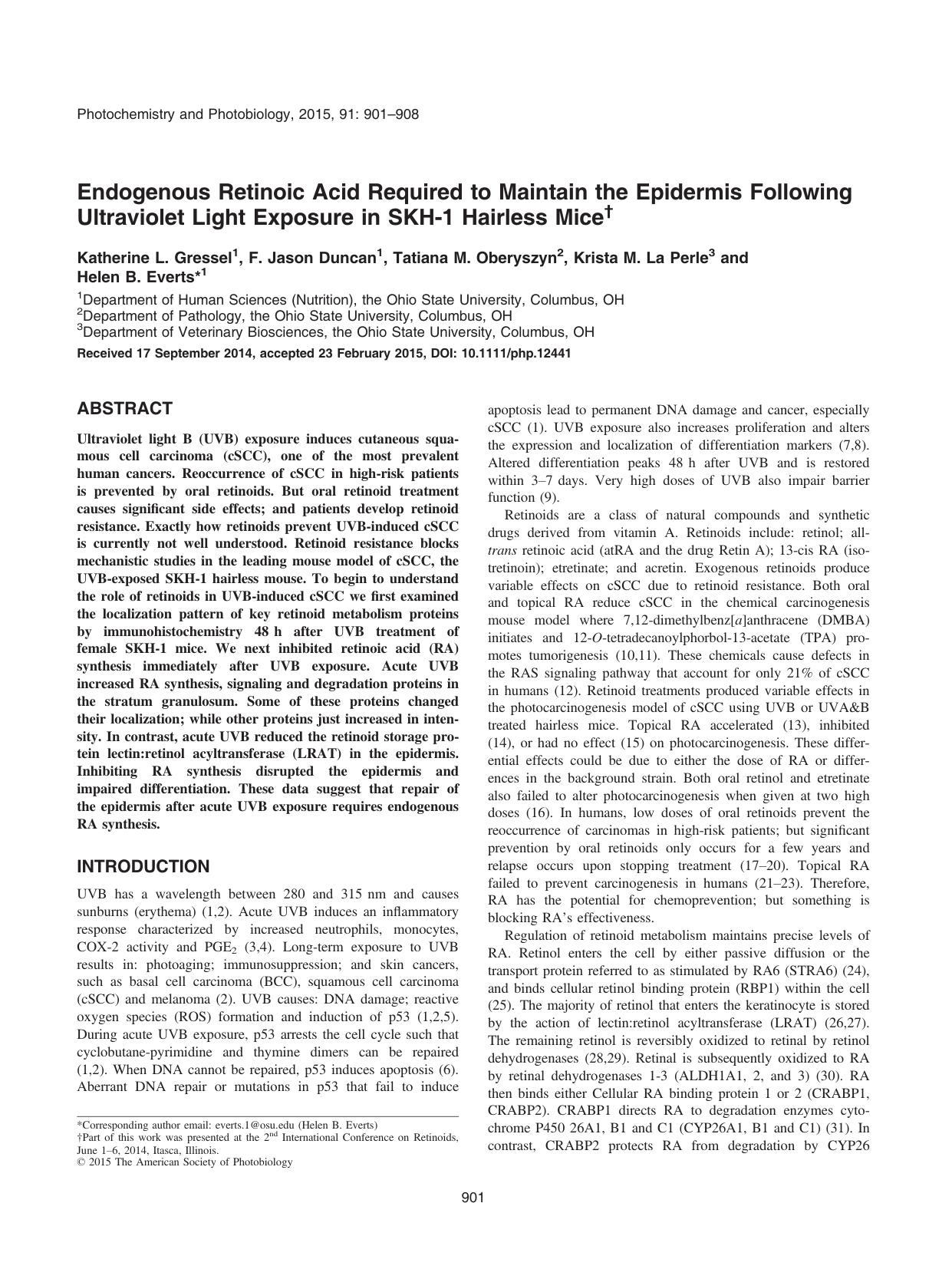 Endogenous Retinoic Acid Required to Maintain the Epidermis Following Ultraviolet Light Exposure in SKH&#x2010;1 Hairless Mice by Unknown