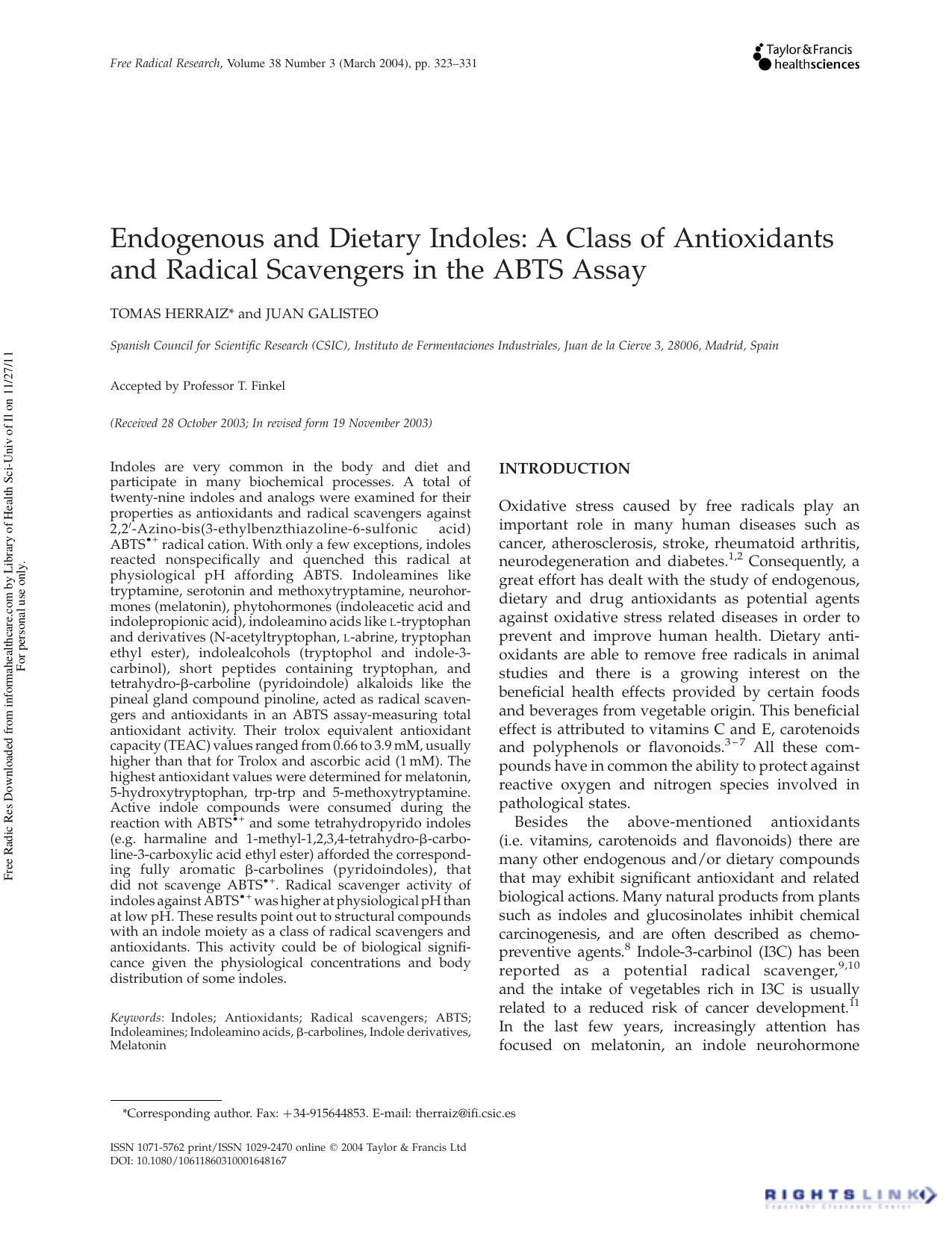 Endogenous and Dietary Indoles: A Class of Antioxidants and Radical Scavengers in the ABTS Assay by Tomas Herraiz & Juan Galisteo