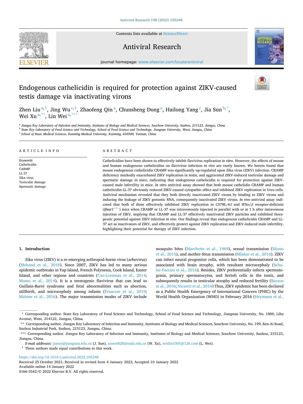 Endogenous cathelicidin is required for protection against ZIKV-caused testis damage via inactivating virons by Zhen Liu & Jing Wu & Zhaofeng Qin & Chunsheng Dong & Hailong Yang & Jia Sun & Wei Xu & Lin Wei