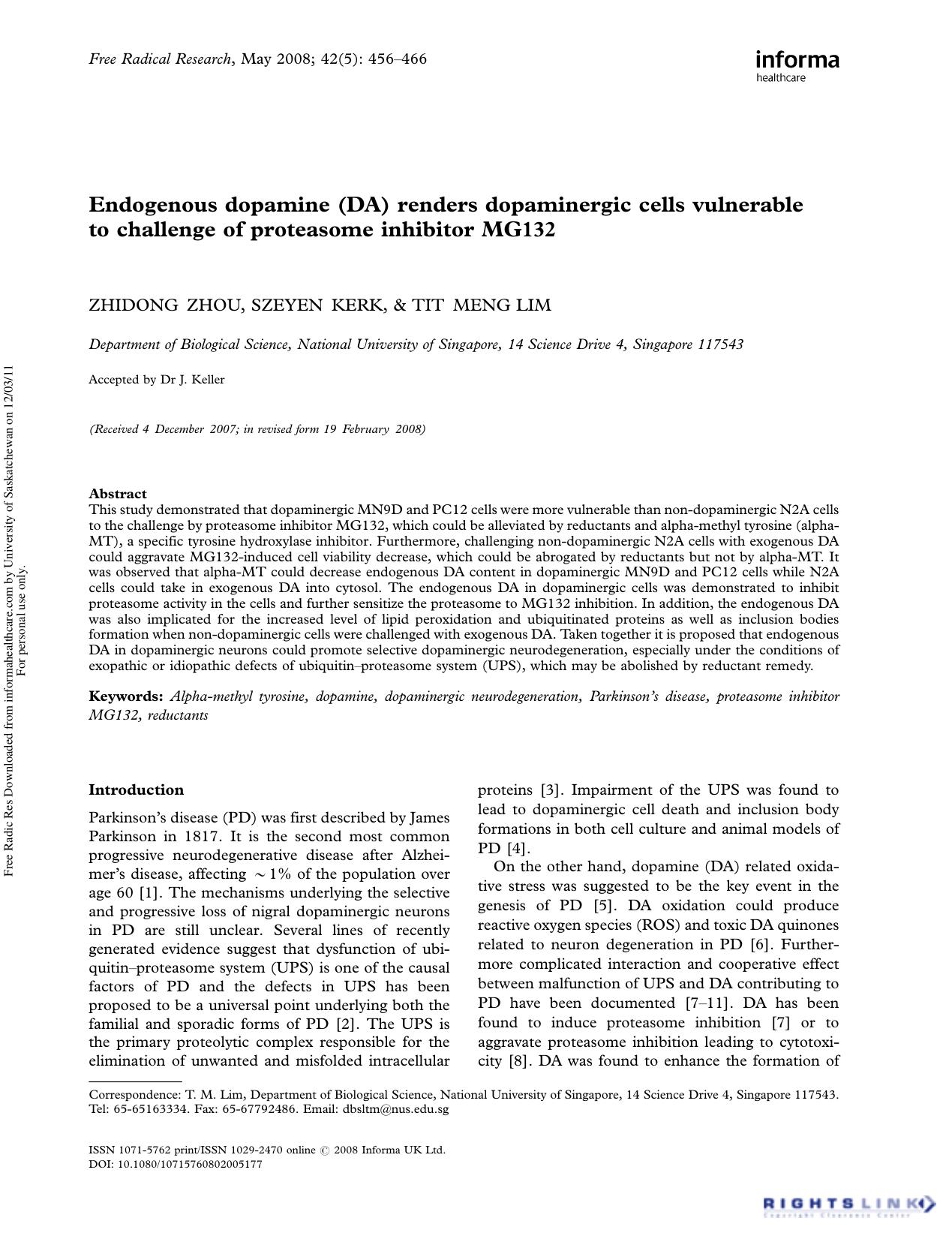 Endogenous dopamine (DA) renders dopaminergic cells vulnerable to challenge of proteasome inhibitor MG132 by Zhidong Zhou1 Szeyen Kerk1 & Tit Meng Lim1†