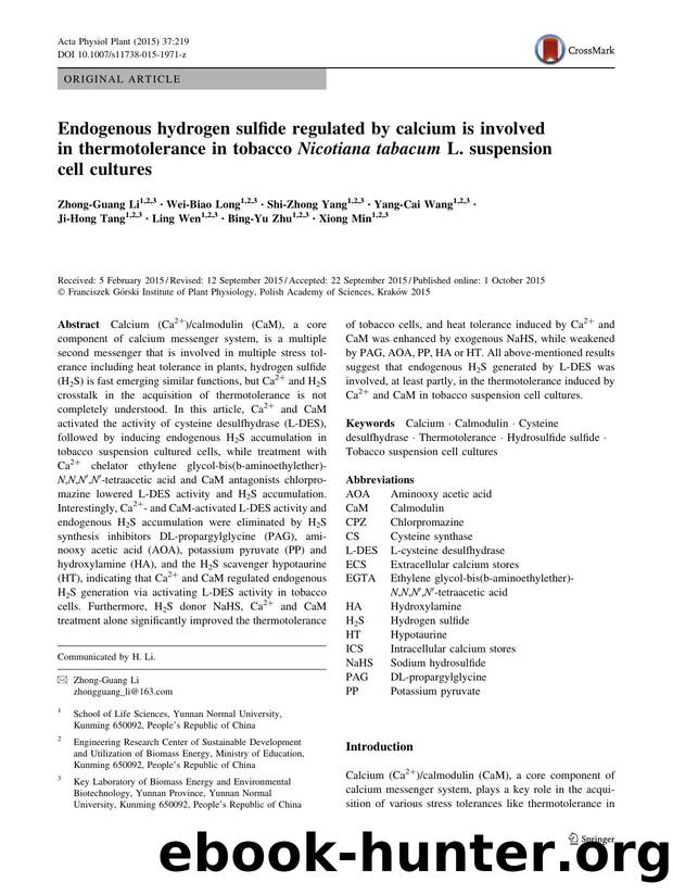 Endogenous hydrogen sulfide regulated by calcium is involved in thermotolerance in tobacco Nicotiana tabacum L. suspension cell cultures by unknow