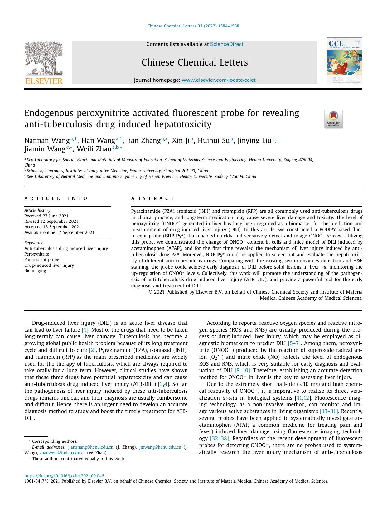 Endogenous peroxynitrite activated fluorescent probe for revealing anti-tuberculosis drug induced hepatotoxicity by Nannan Wang & Han Wang & Jian Zhang & Xin Ji & Huihui Su & Jinying Liu & Jiamin Wang & Weili Zhao