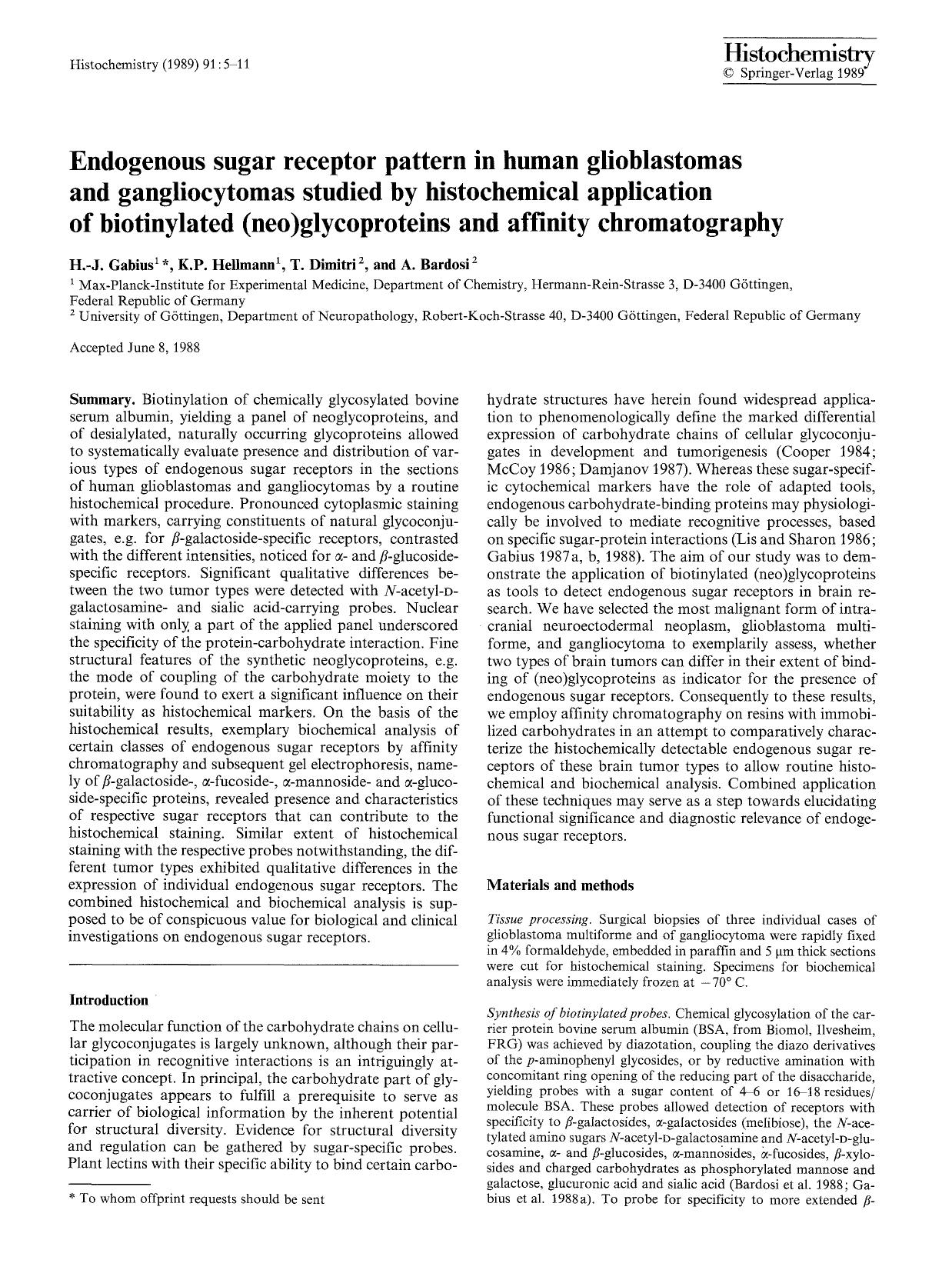 Endogenous sugar receptor pattern in human glioblastomas and gangliocytomas studied by histochemical application of biotinylated (neo)glycoproteins and affinity chromatography by Unknown