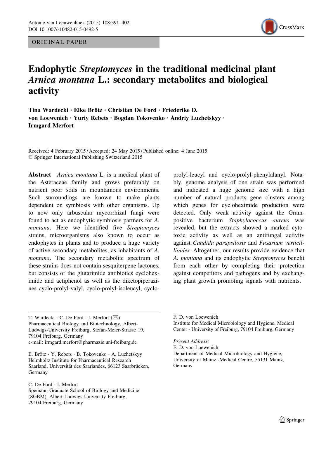 Endophytic Streptomyces in the traditional medicinal plant Arnica montana L.: secondary metabolites and biological activity by unknow