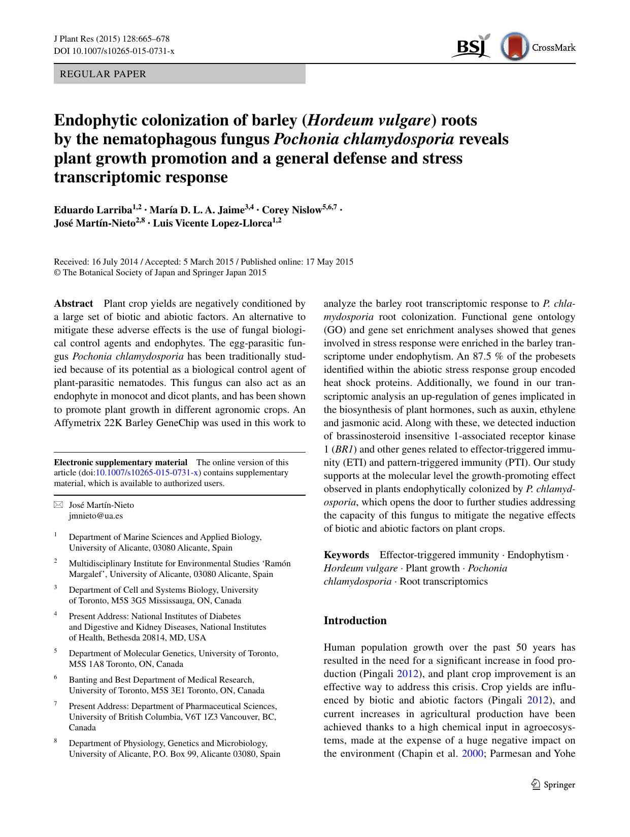 Endophytic colonization of barley (Hordeum vulgare) roots by the nematophagous fungus Pochonia chlamydosporia reveals plant growth promotion and a general defense and stress transcriptomic response by unknow