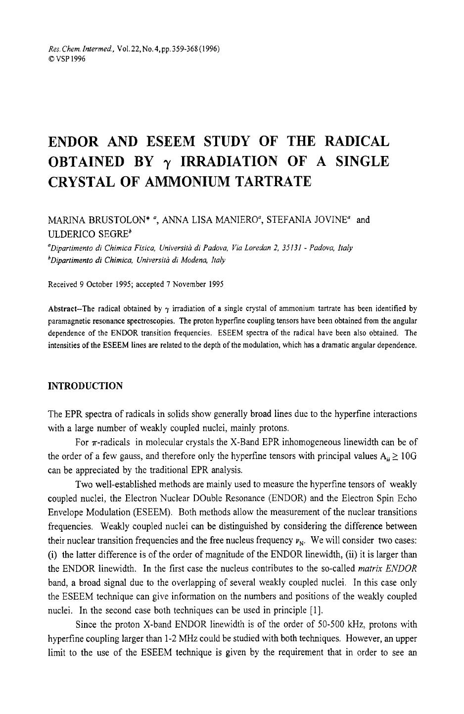 Endor and eseem study of the radical obtained by γ irradiation of a single crystal of ammonium tartrate by Unknown