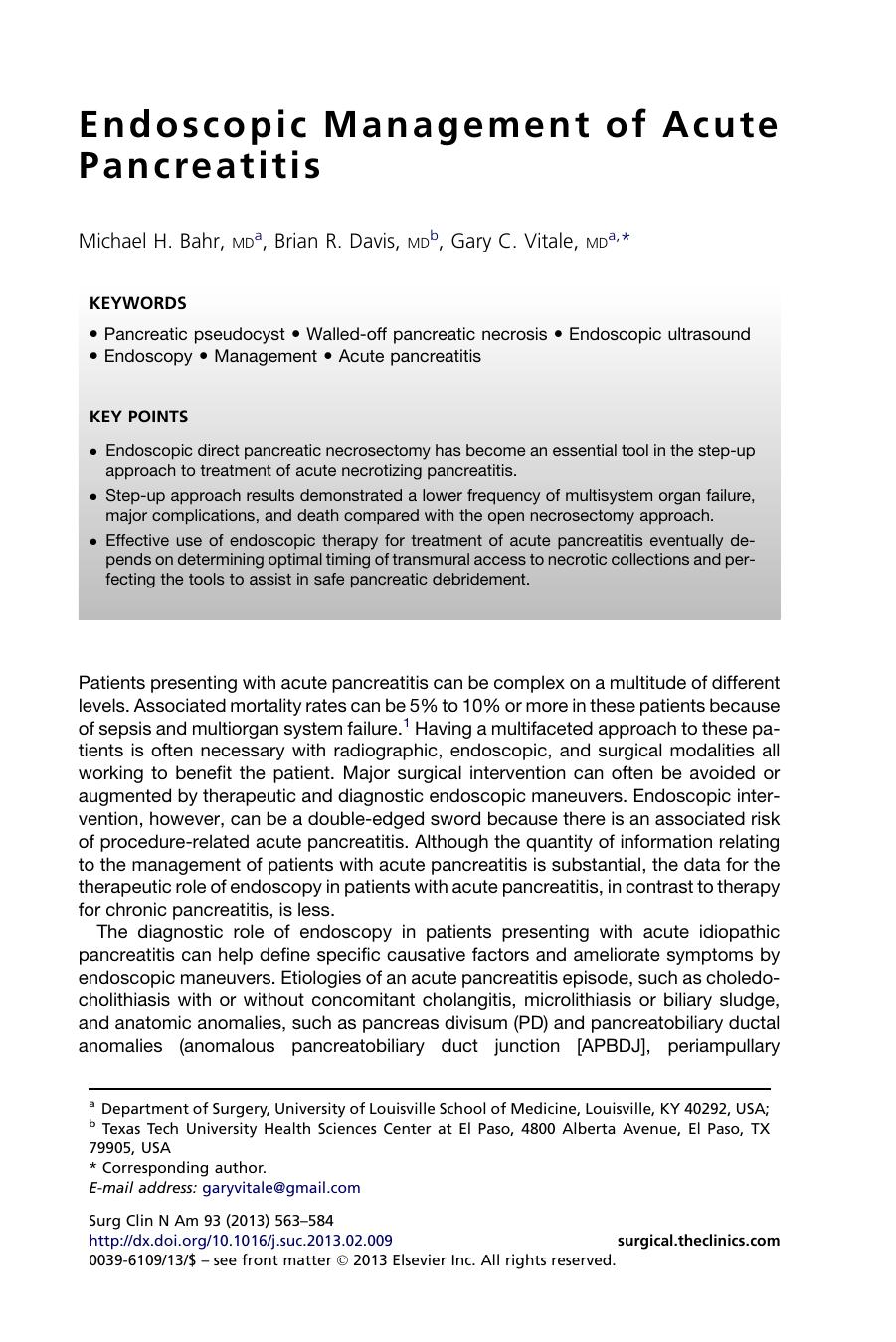 Endoscopic Management of Acute Pancreatitis by Michael H. Bahr MD & Brian R. Davis MD & Gary C. Vitale MD