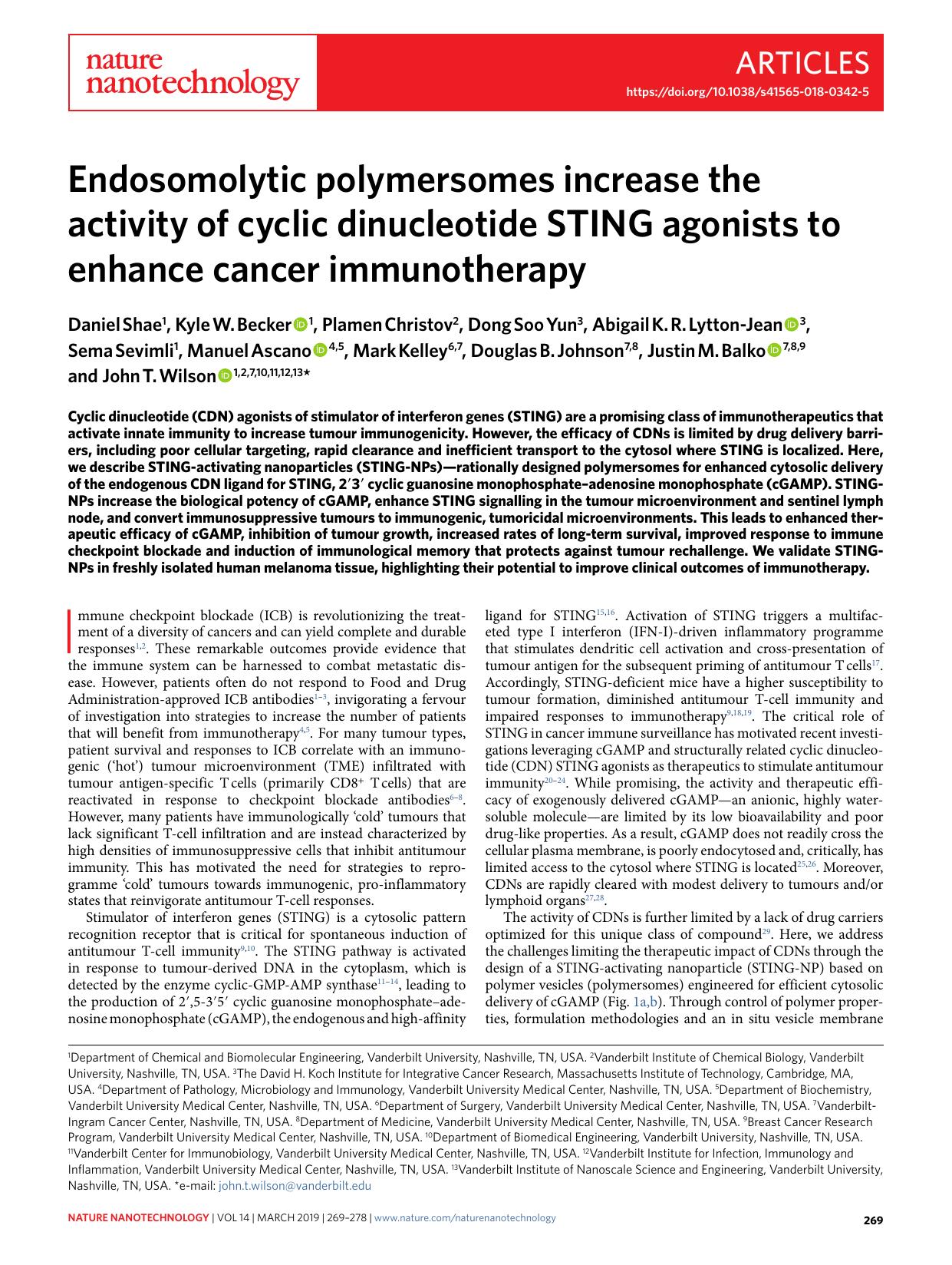 Endosomolytic polymersomes increase the activity of cyclic dinucleotide STING agonists to enhance cancer immunotherapy by unknow