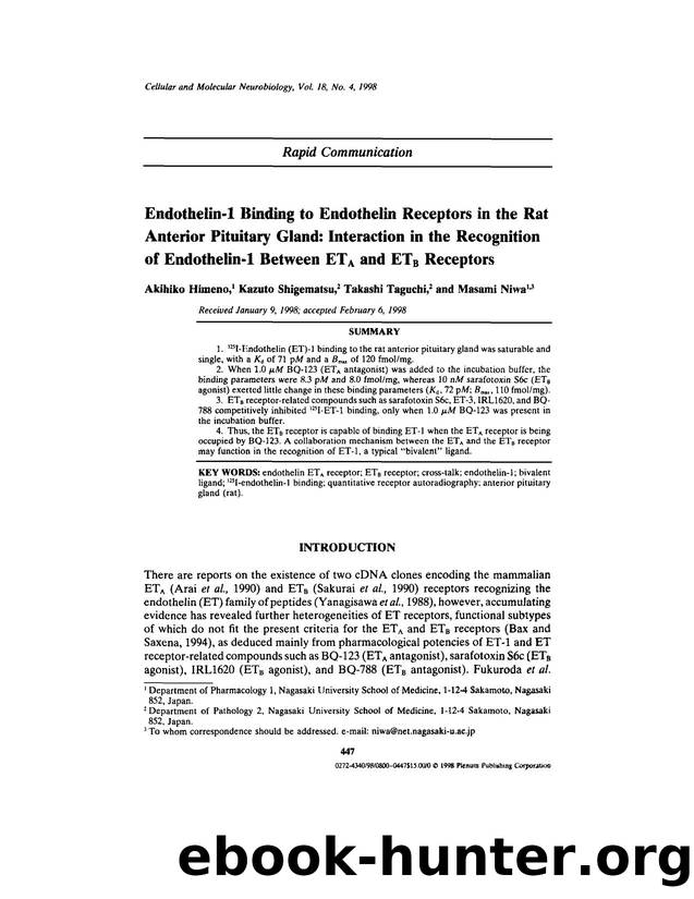 Endothelin-1 Binding to Endothelin Receptors in the Rat Anterior Pituitary Gland: Interaction in the Recognition of Endothelin-1 Between ET<Subscript>A<Subscript> and ET<Subscript> by Unknown