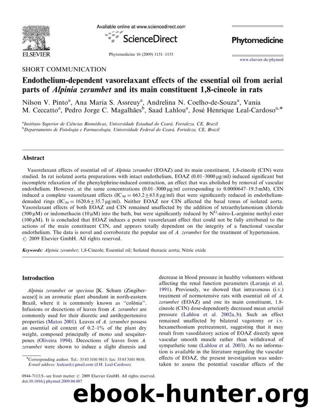 Endothelium-dependent vasorelaxant effects of the essential oil from aerial parts of Alpinia zerumbet and its main constituent 1,8-cineole in rats by unknow
