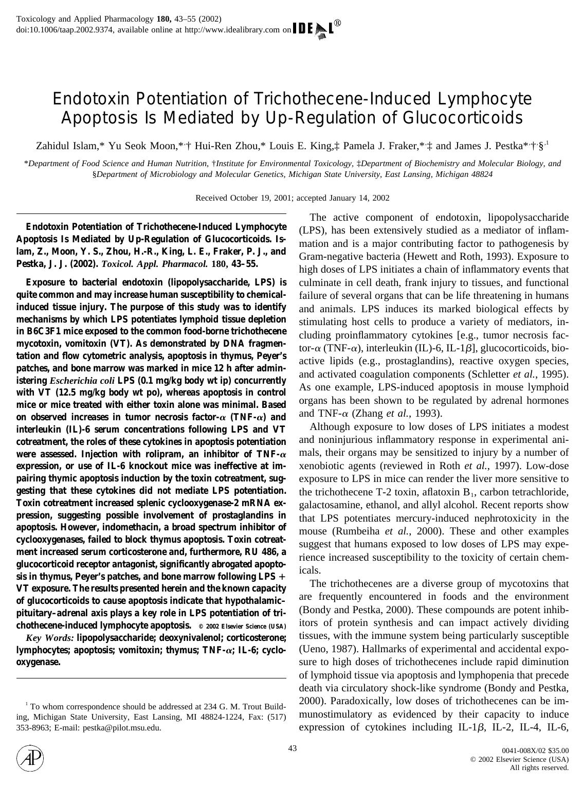Endotoxin Potentiation of Trichothecene-Induced Lymphocyte Apoptosis Is Mediated by Up-Regulation of Glucocorticoids by Islam Z. et al