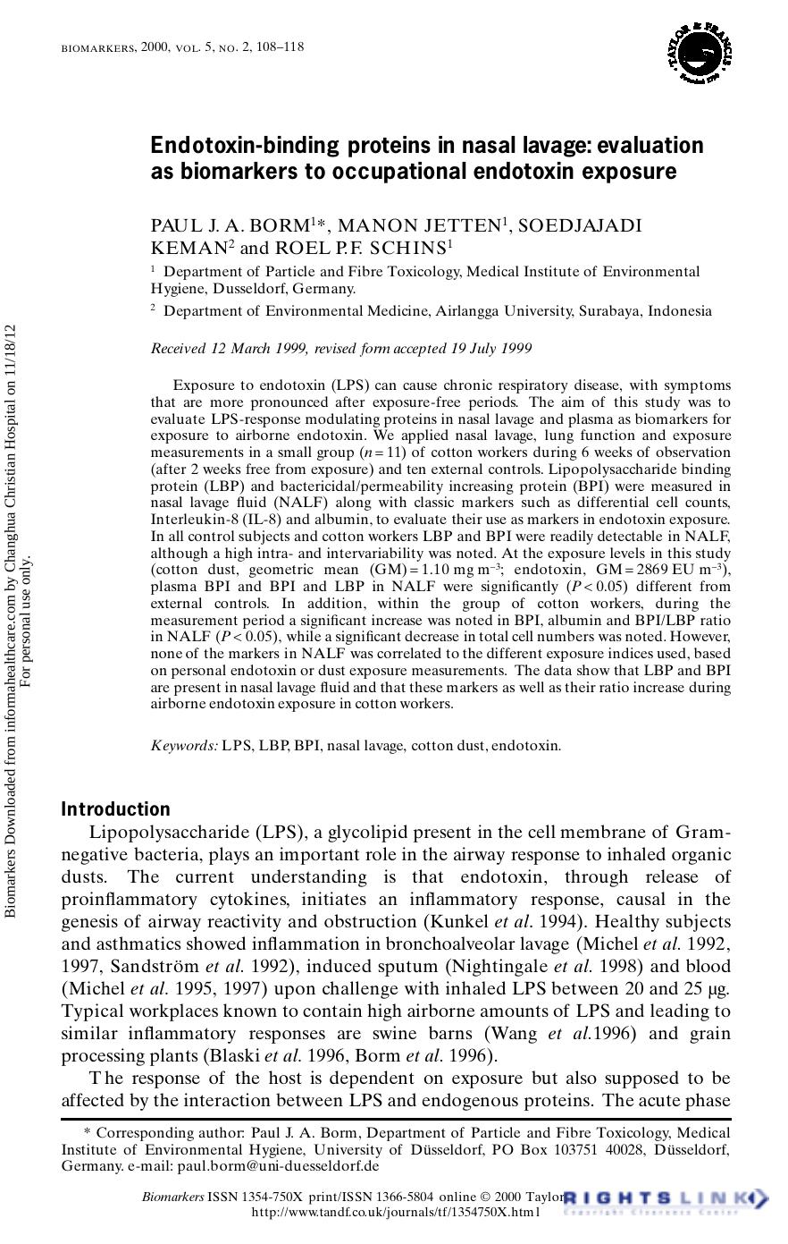 Endotoxin-binding proteins in nasal lavage: evaluation as biomarkers to occupational endotoxin exposure by Paul J. A. Borm Manon Jetten Soedjajadi Keman & Roel P. F. Schins