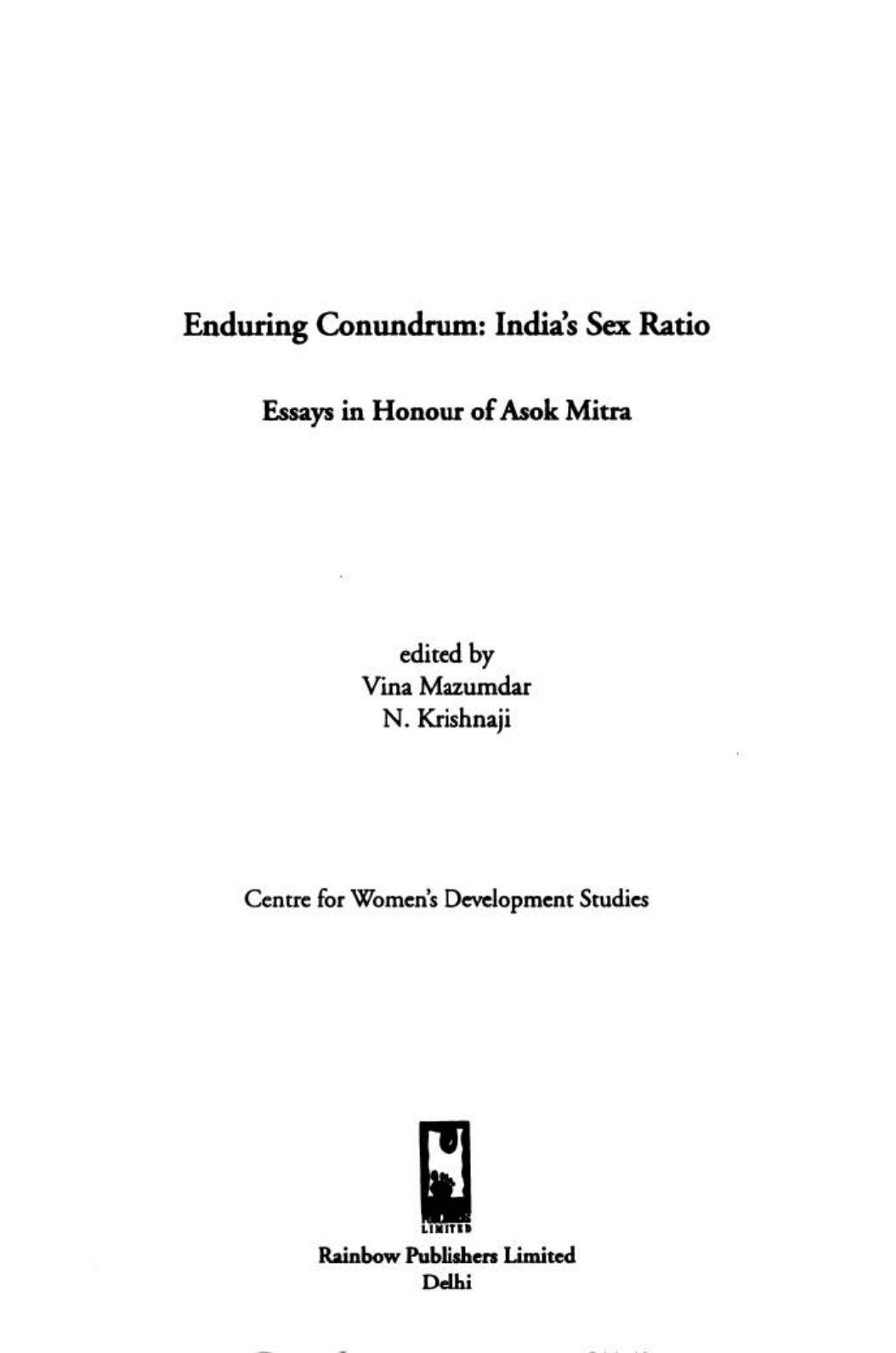 Enduring Conundrum: India's Sex Ratio: Essays in Honour of Asok Mitra by N. Krishnaji Vina Mazumdar