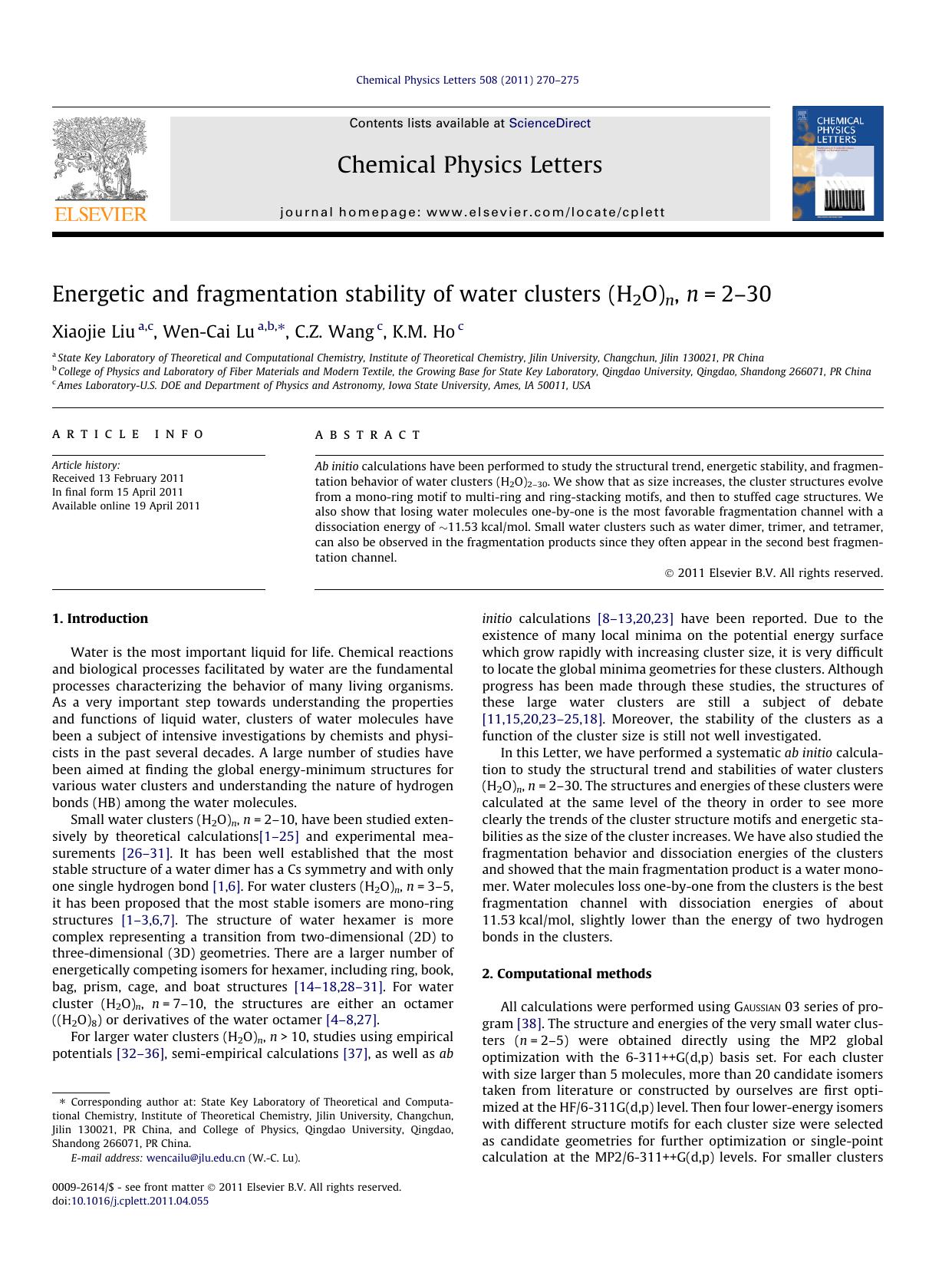 Energetic and fragmentation stability of water clusters (H2O)n, n=2â€“30 by Xiaojie Liu & Wen-Cai Lu & C.Z. Wang & K.M. Ho