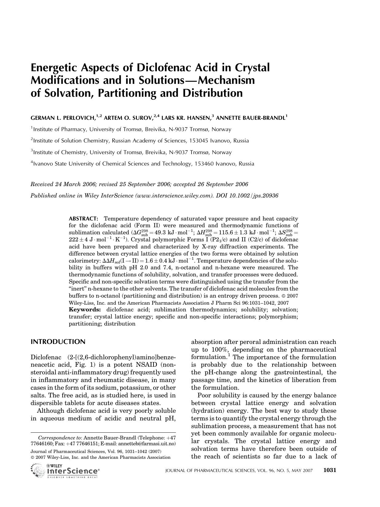Energetic aspects of diclofenac acid in crystal modifications and in solutions-mechanism of solvation, partitioning and distribution by Unknown