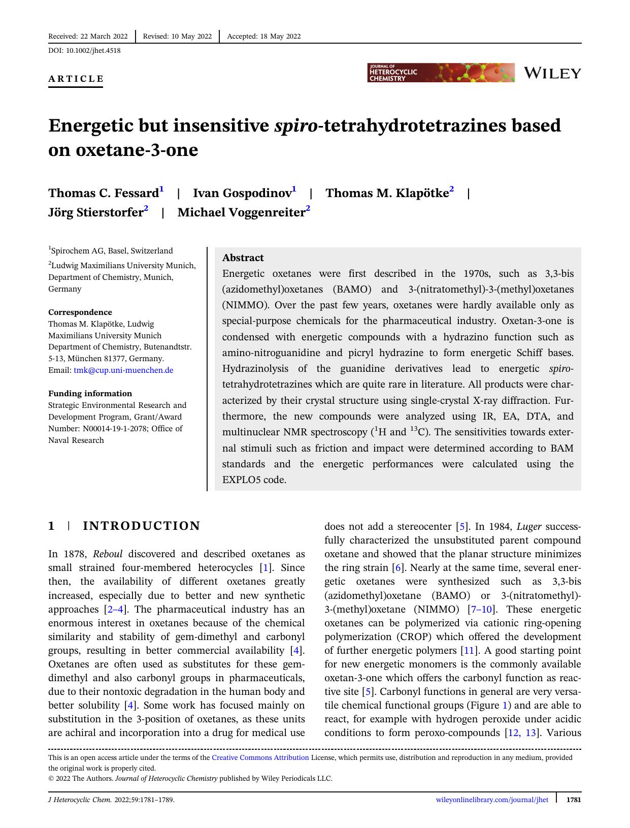 Energetic but insensitive spiro-tetrahydrotetrazines based on oxetane-3-one by Unknown