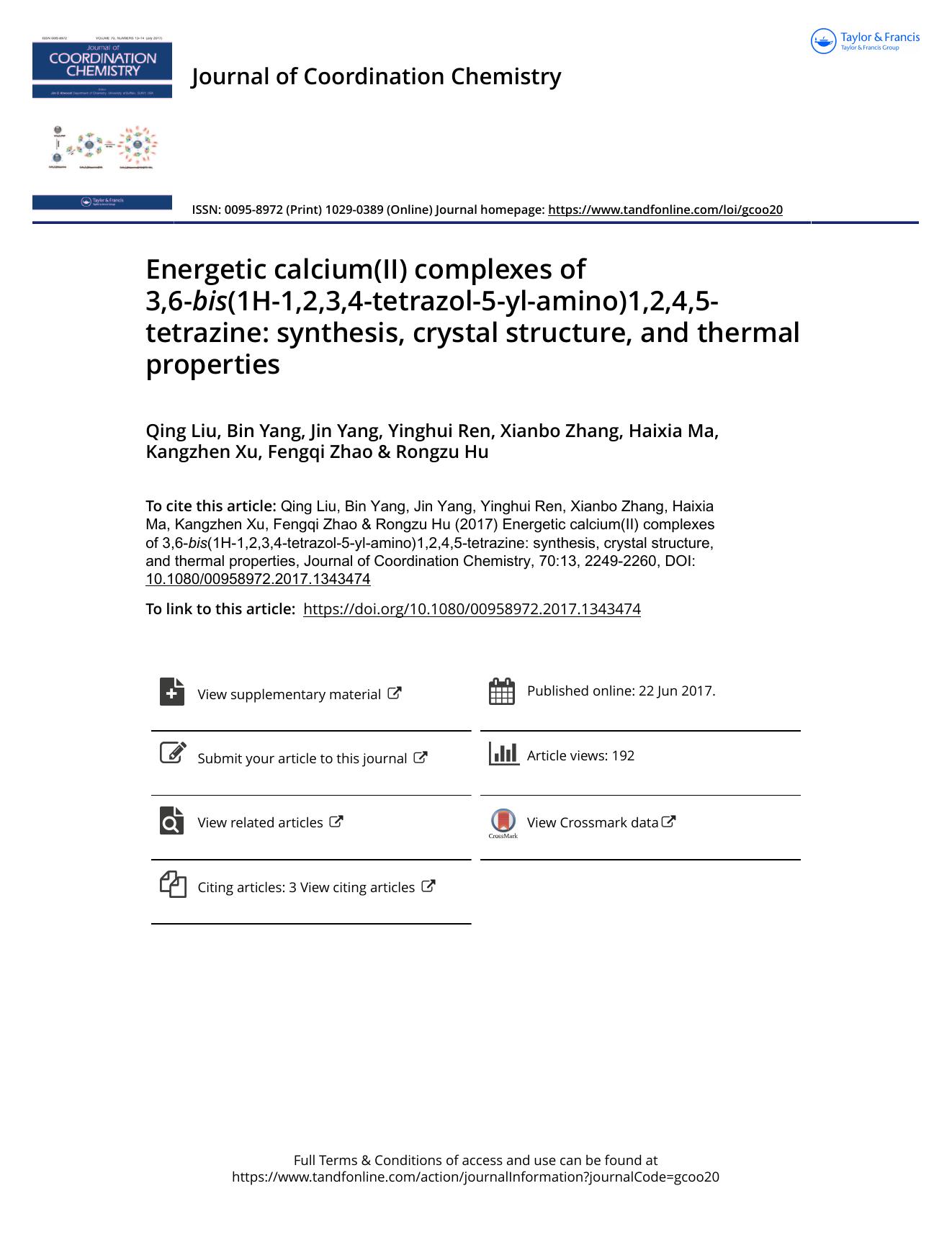 Energetic calcium(II) complexes of 3,6-bis(1H-1,2,3,4-tetrazol-5-yl-amino)1,2,4,5-tetrazine: synthesis, crystal structure, and thermal properties by unknow