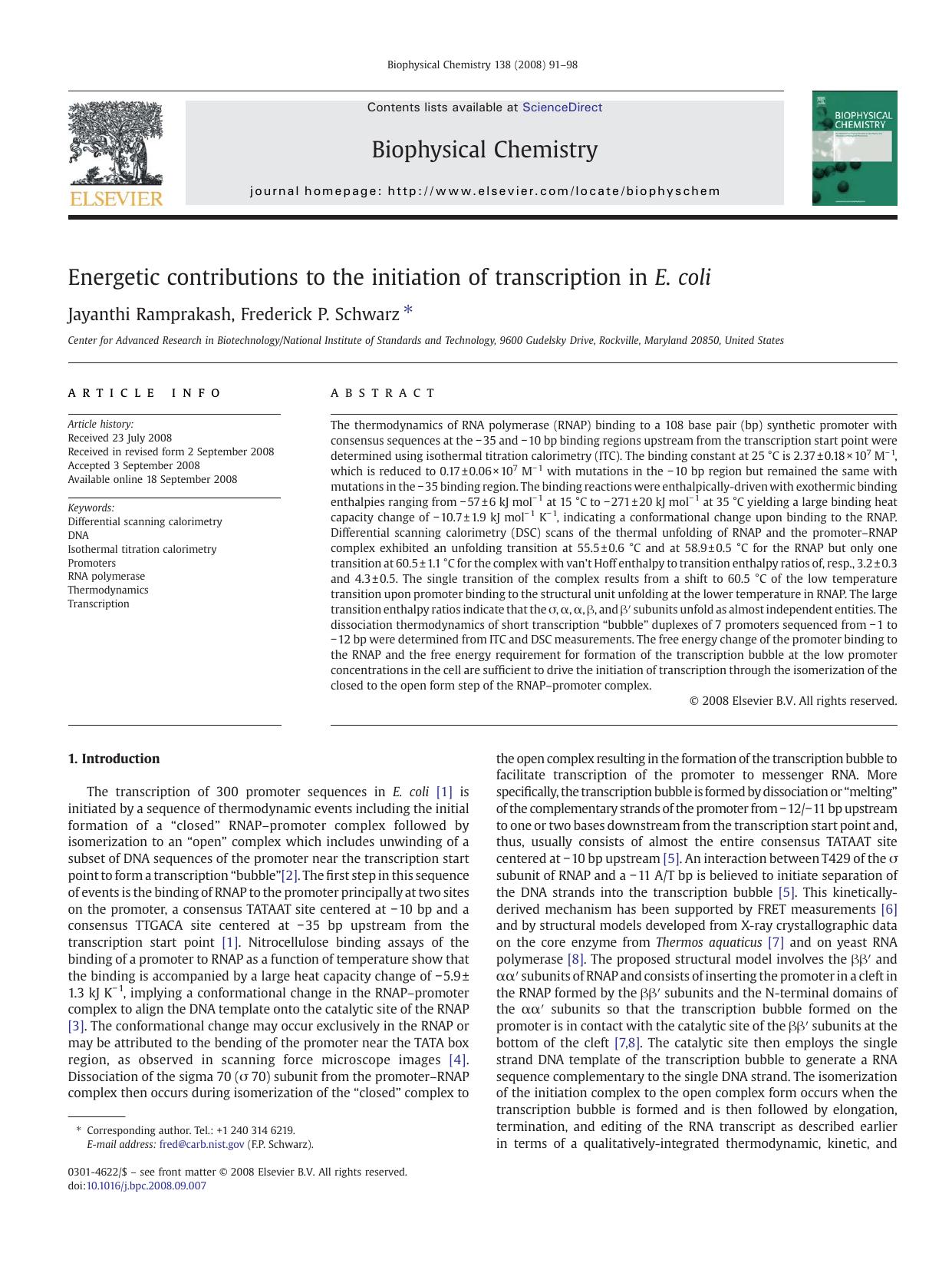 Energetic contributions to the initiation of transcription in E. coli by Jayanthi Ramprakash; Frederick P. Schwarz