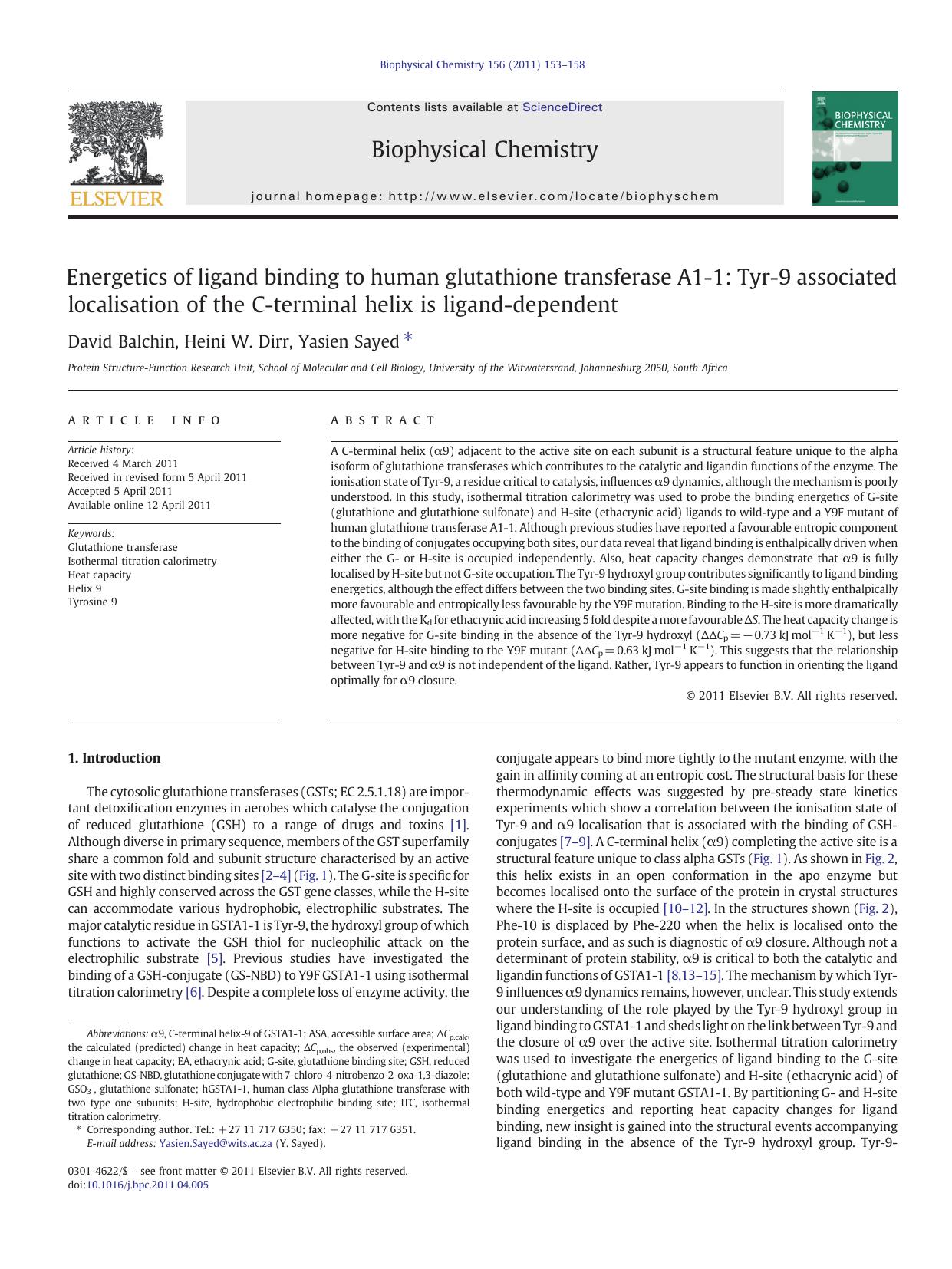 Energetics of ligand binding to human glutathione transferase A1-1: Tyr-9 associated localisation of the C-terminal helix is ligand-dependent by David Balchin & Heini W. Dirr & Yasien Sayed