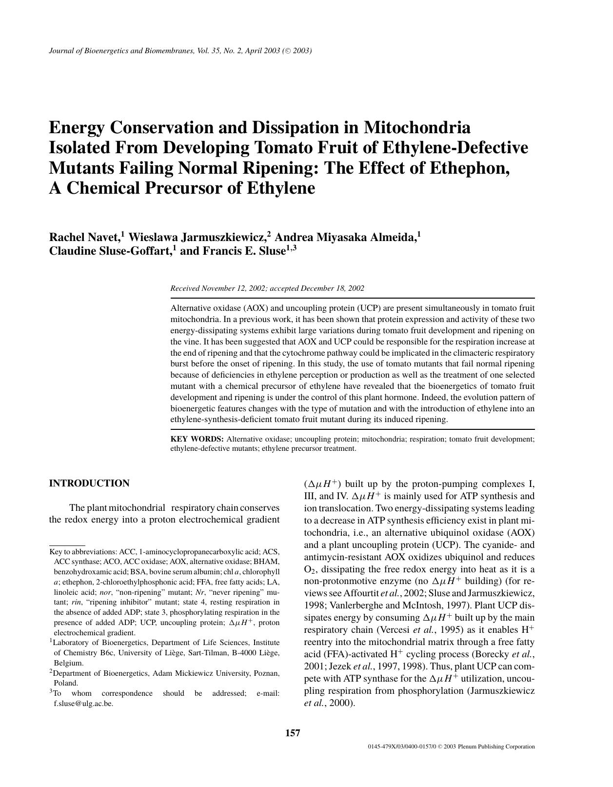 Energy Conservation and Dissipation in Mitochondria Isolated from Developing Tomato Fruit of Ethylene-Defective Mutants Failing Normal Ripening: The Effect of Ethephon, A Chemical by Unknown