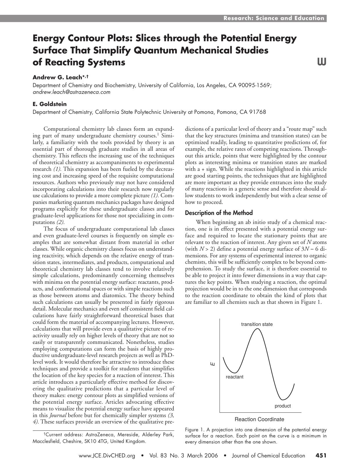 Energy Contour Plots: Slices through the Potential Energy Surface That Simplify Quantum Mechanical Studies of Reacting Systems by Andrew G. Leach & Elisheva Goldstein