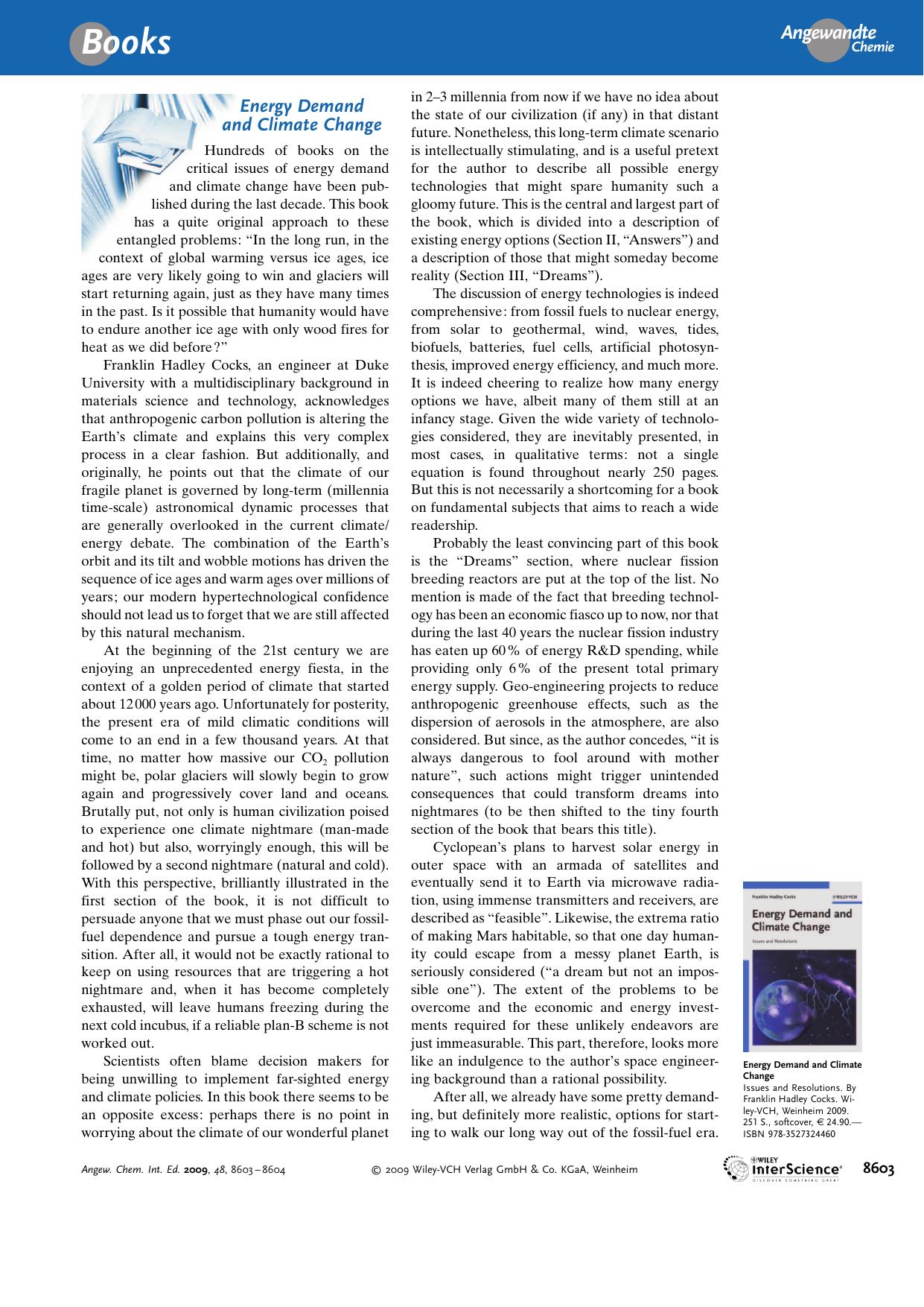Energy Demand and Climate Change. Issues and Resolutions. By Franklin[emsp14]Hadley Cocks. by Unknown