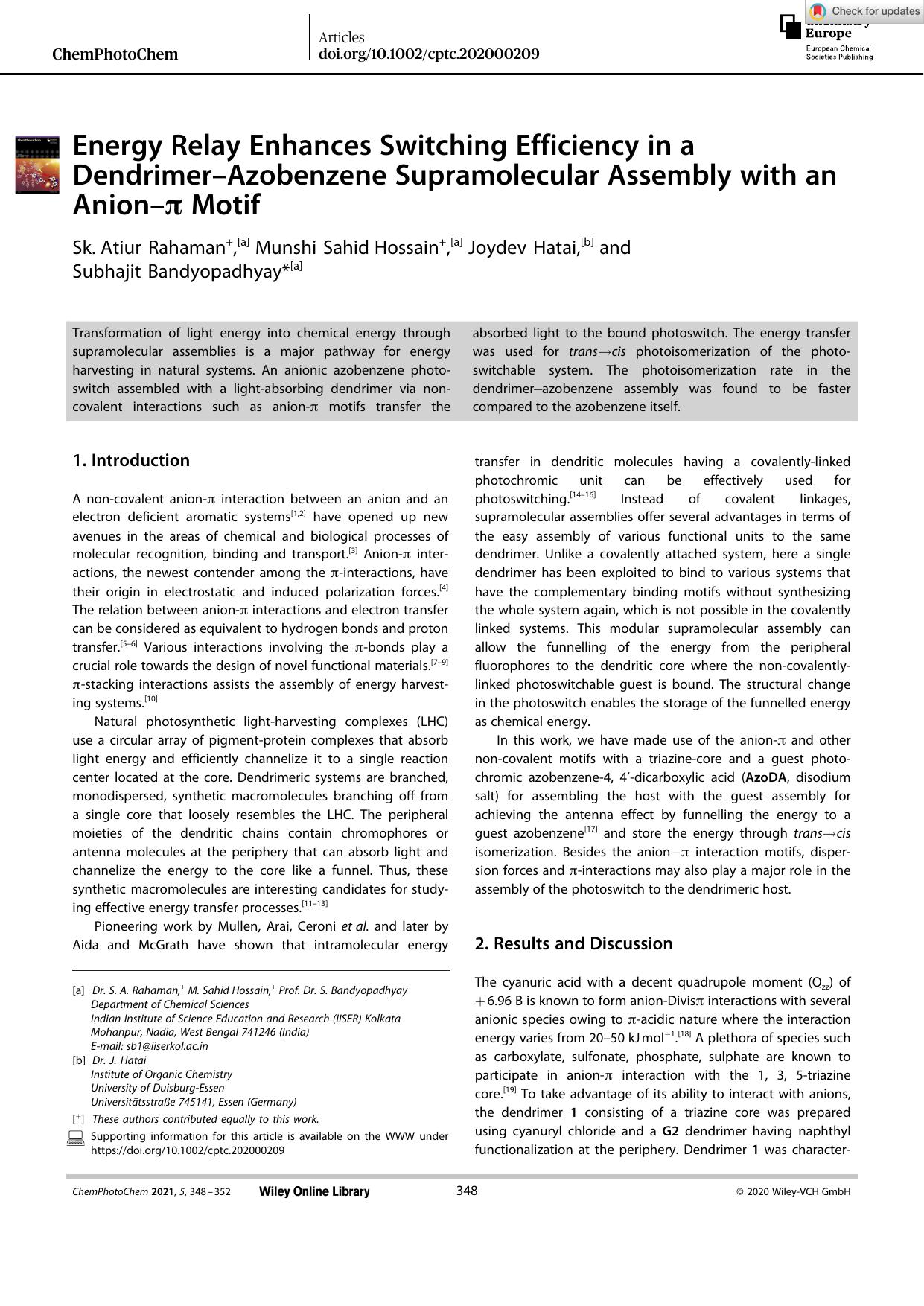 Energy Relay Enhances Switching Efficiency in a DendrimerâAzobenzene Supramolecular Assembly with an AnionâÏ Motif by Unknown