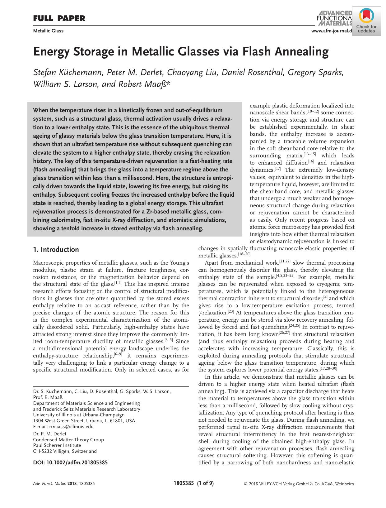 Energy Storage in Metallic Glasses via Flash Annealing by Unknown