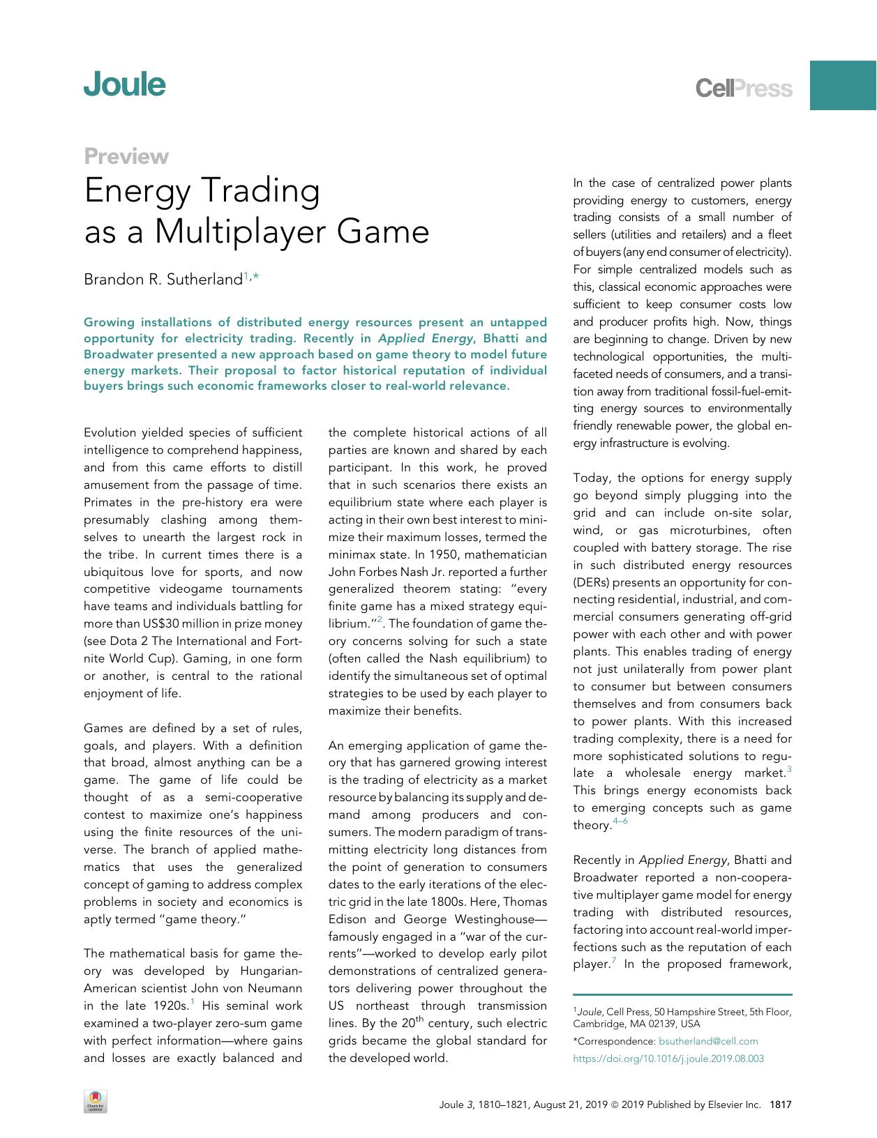 Energy Trading as a Multiplayer Game by Brandon R. Sutherland