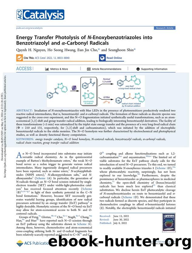 Energy Transfer Photolysis of N-Enoxybenzotriazoles into Benzotriazolyl and Î±-Carbonyl Radicals by Quynh H. Nguyen Ho Seong Hwang Eun Jin Cho & Seunghoon Shin