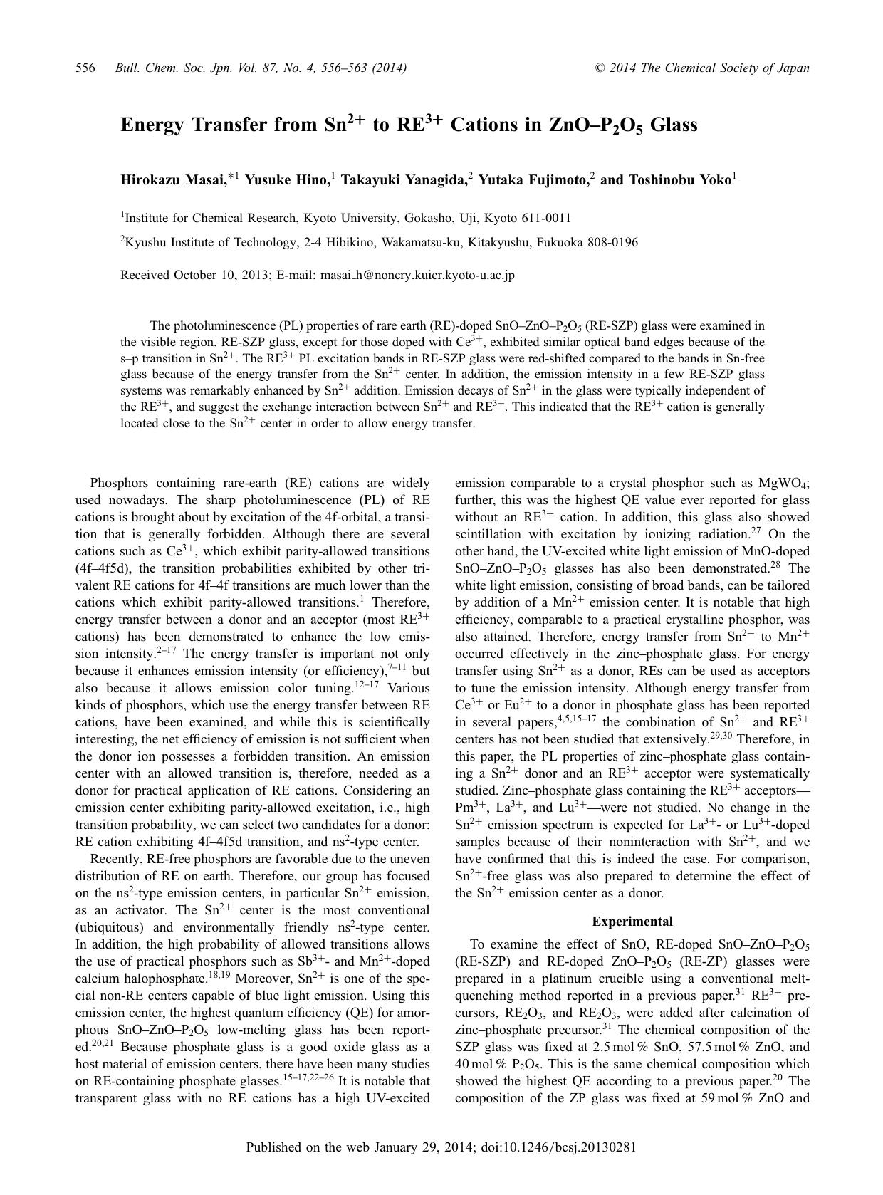 Energy Transfer from Sn2+ to RE3+ Cations in ZnO–P2O5 Glass by Hirokazu Masai Yusuke Hino Takayuki Yanagida Yutaka Fujimoto Toshinobu Yoko