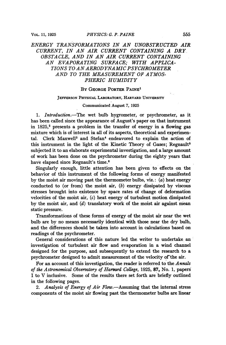 Energy Transformations in an Unobstructed Air Current, in an Air Current Containing a Dry Obstacle by Paine G. P